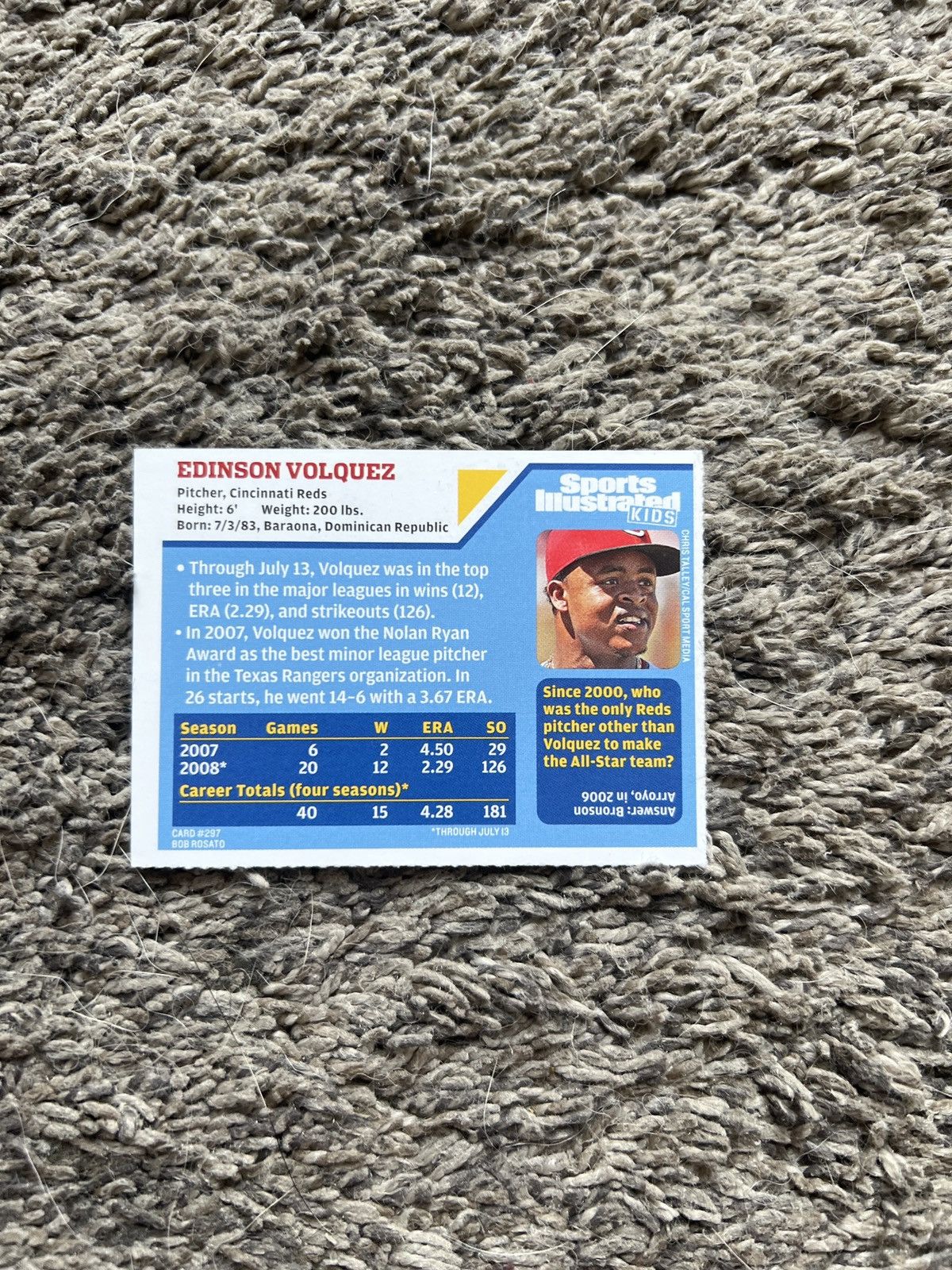 MLB 2008 Sports Illustrated Kids #297 Edinson Volquez Card Size ONE SIZE - 2 Thumbnail