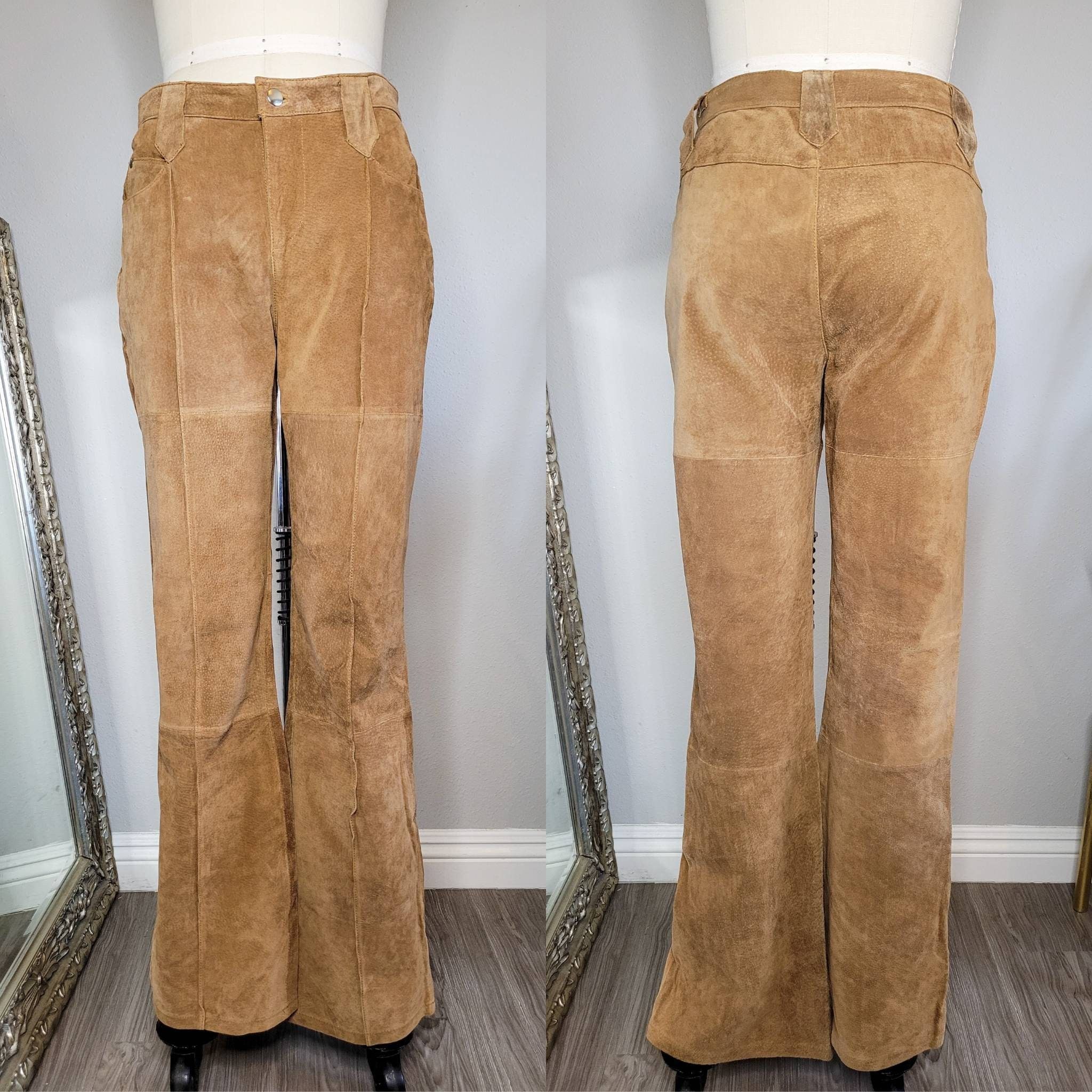Vintage 90s Y2K Tan Suede Leather Patchwork Midrise Bootcut Pants Size 31" - 6 Thumbnail