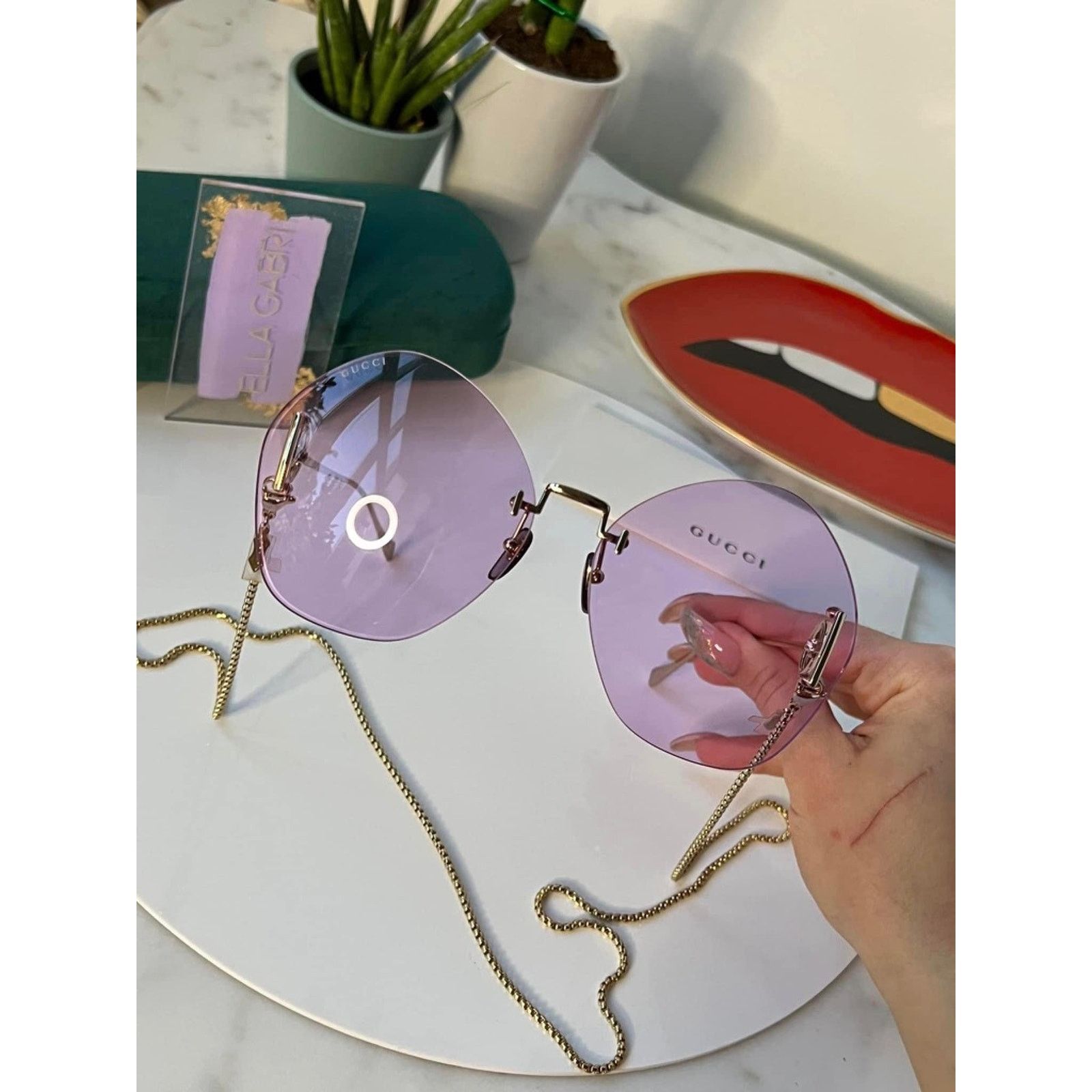 NEW Gucci GG1203S Tinted Violet Chain Rimless Sunglasses display picture 3