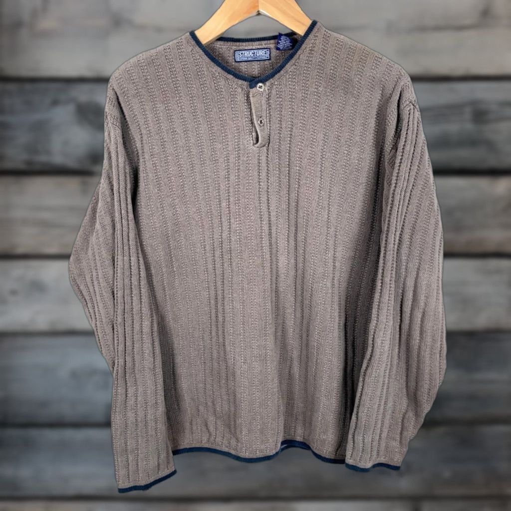 Vintage VINTAGE Structure Henley Sweater Men L Gray Brown Cotton Ramie Knit Textured Crew Neck 90s Hipster Preppy Retro Heavyweight Casual Size US L / EU 52-54 / 3 - 1 Thumbnail