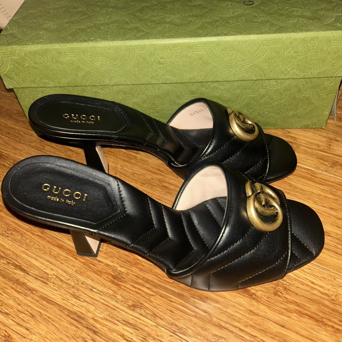 Gucci Gucci Double G Mid Heel Slide Sandal Black Nappa Charlotte Size US 8 / IT 38 - 1 Thumbnail