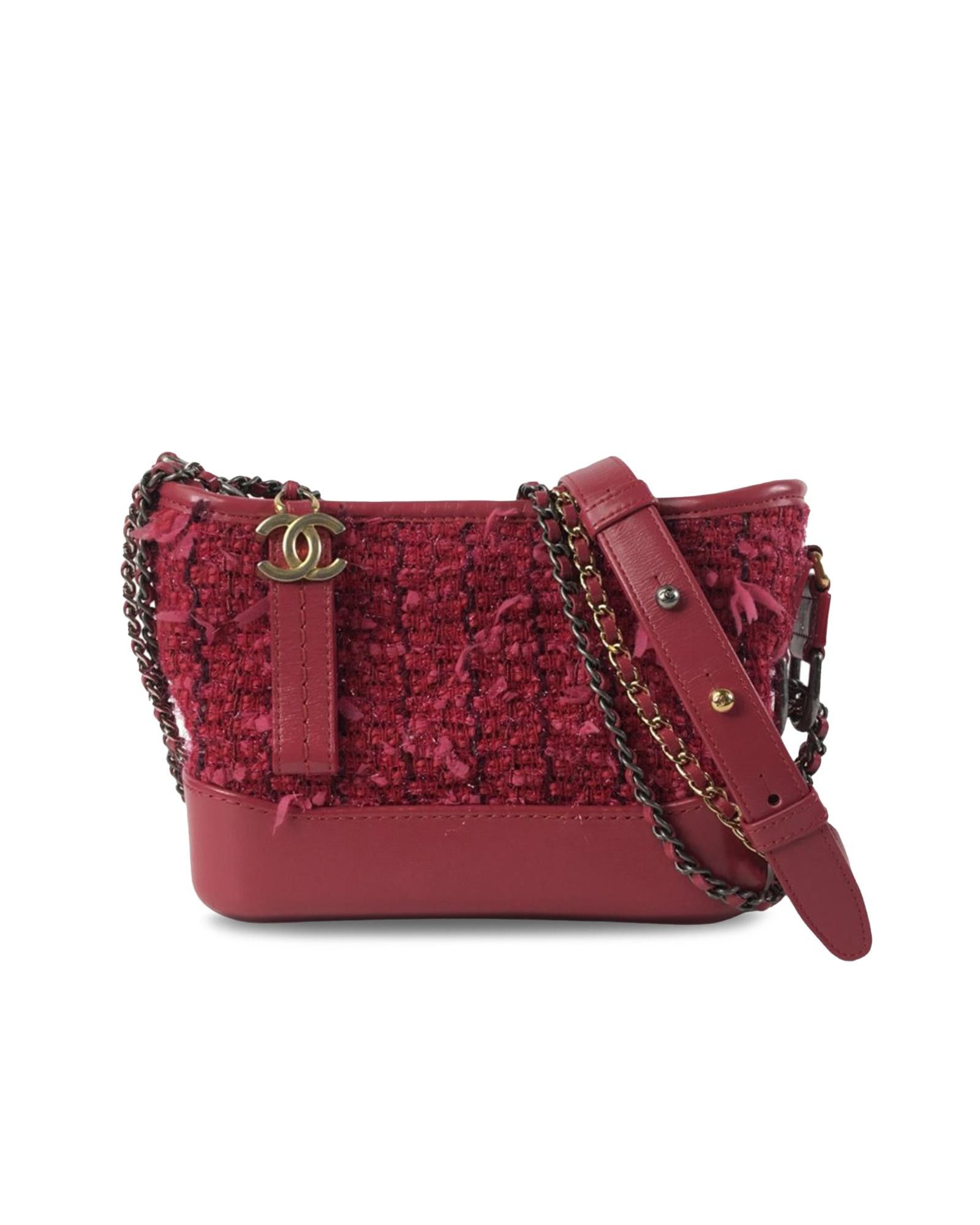 image of Chanel Tweed Woven Chain Hobo Bag in Red, Women's