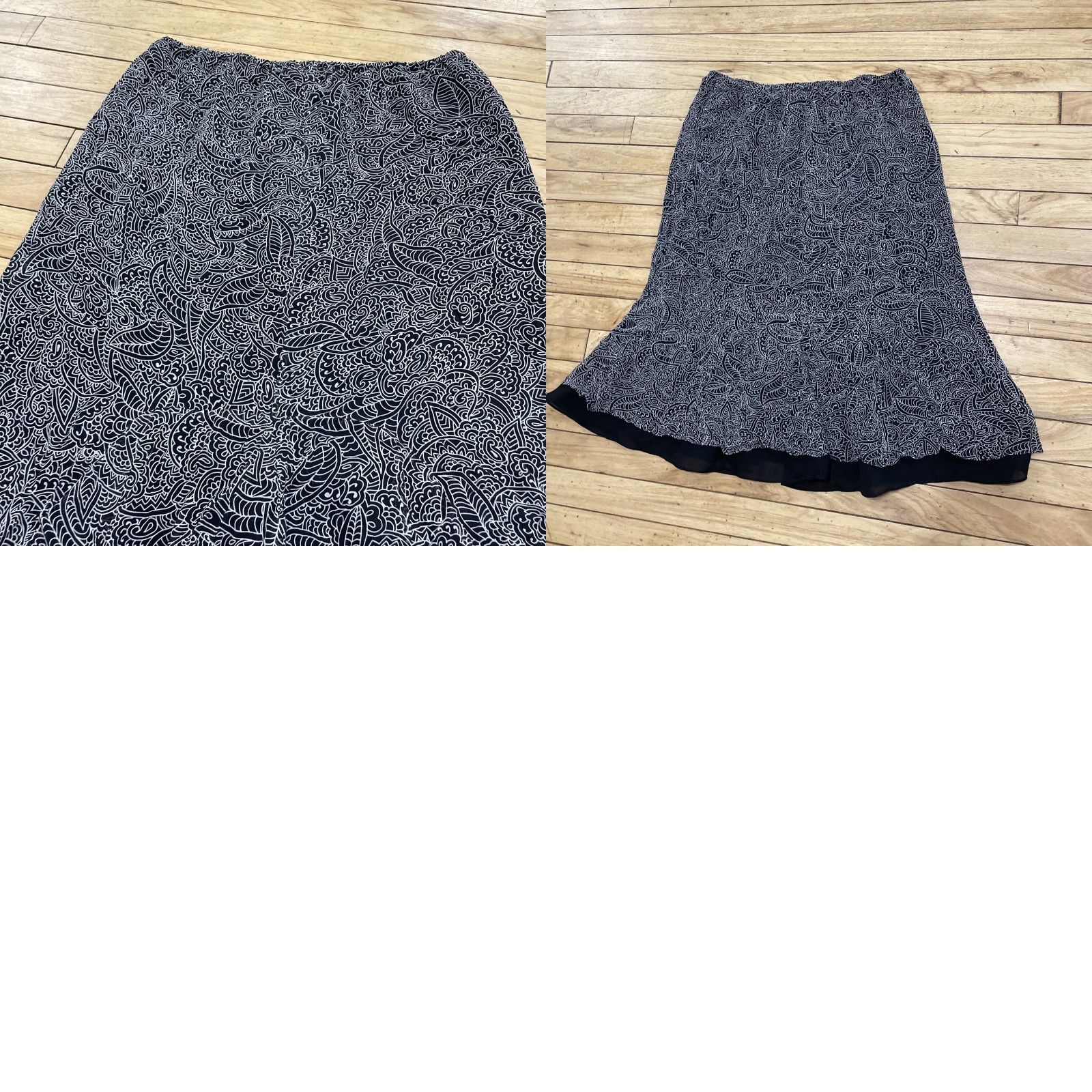 Vintage VINTAGE Allison Taylor Women’s Silk Skirt Pull On Black Light Gray Floral Long 90s Bohemian Silk Lined Asymmetric Casual Womens Size 36" / US 14 / IT 50 - 11 Thumbnail