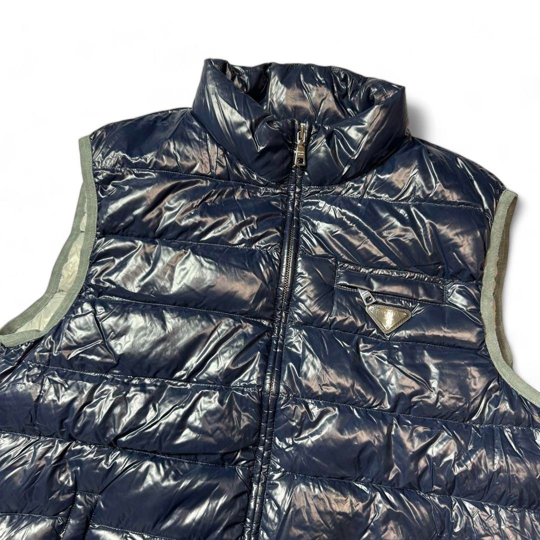 PRADA Men Down Vest Blue Brown Leather Pads Triangle Logo