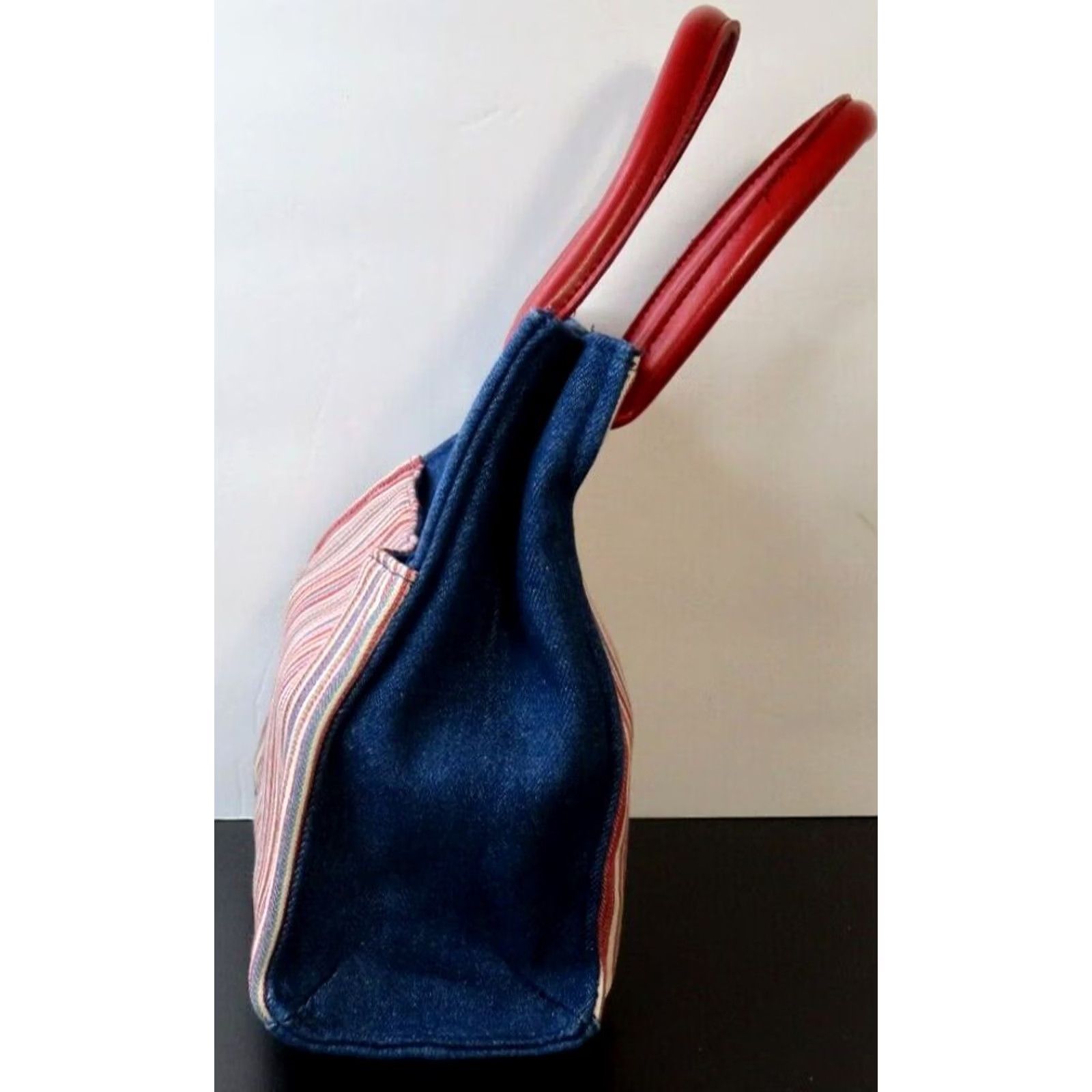 Vintage Longaberger Mini Tote Canvas Denim Red White Blue Striped Tote Bag Women Small Blue 9x7x4 Varsity Striped Red White Blue Men? Size ONE SIZE - 2 Thumbnail