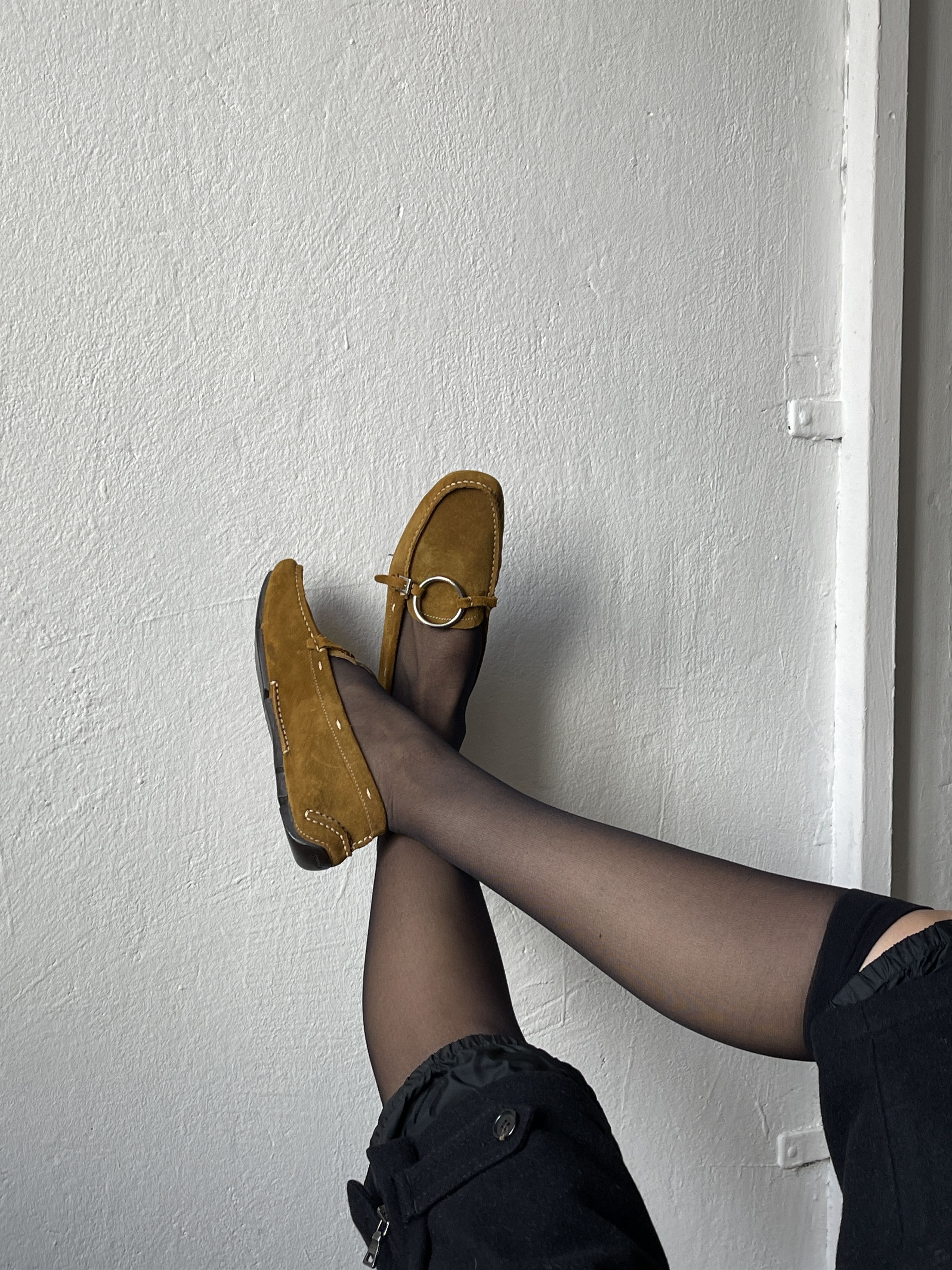 image of Prada Wmns Mustard Suede Metal Details Classic Moccasins Shoes, Women's (Size 7.5)