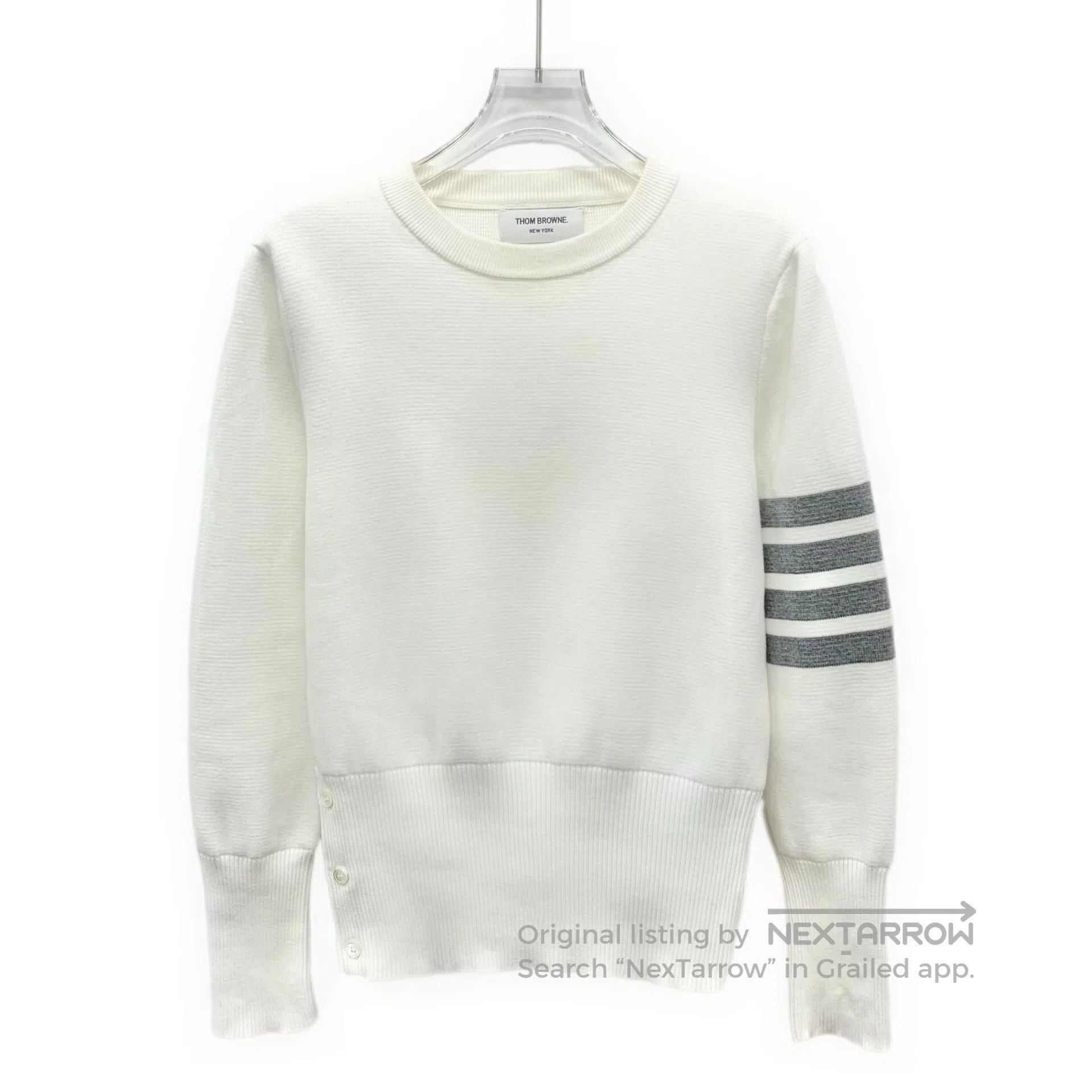 Thom Browne Thom Browne White Classic Four Stripe Cotton Crew Neck Lon Size US XXS / EU 40 - 1 Thumbnail