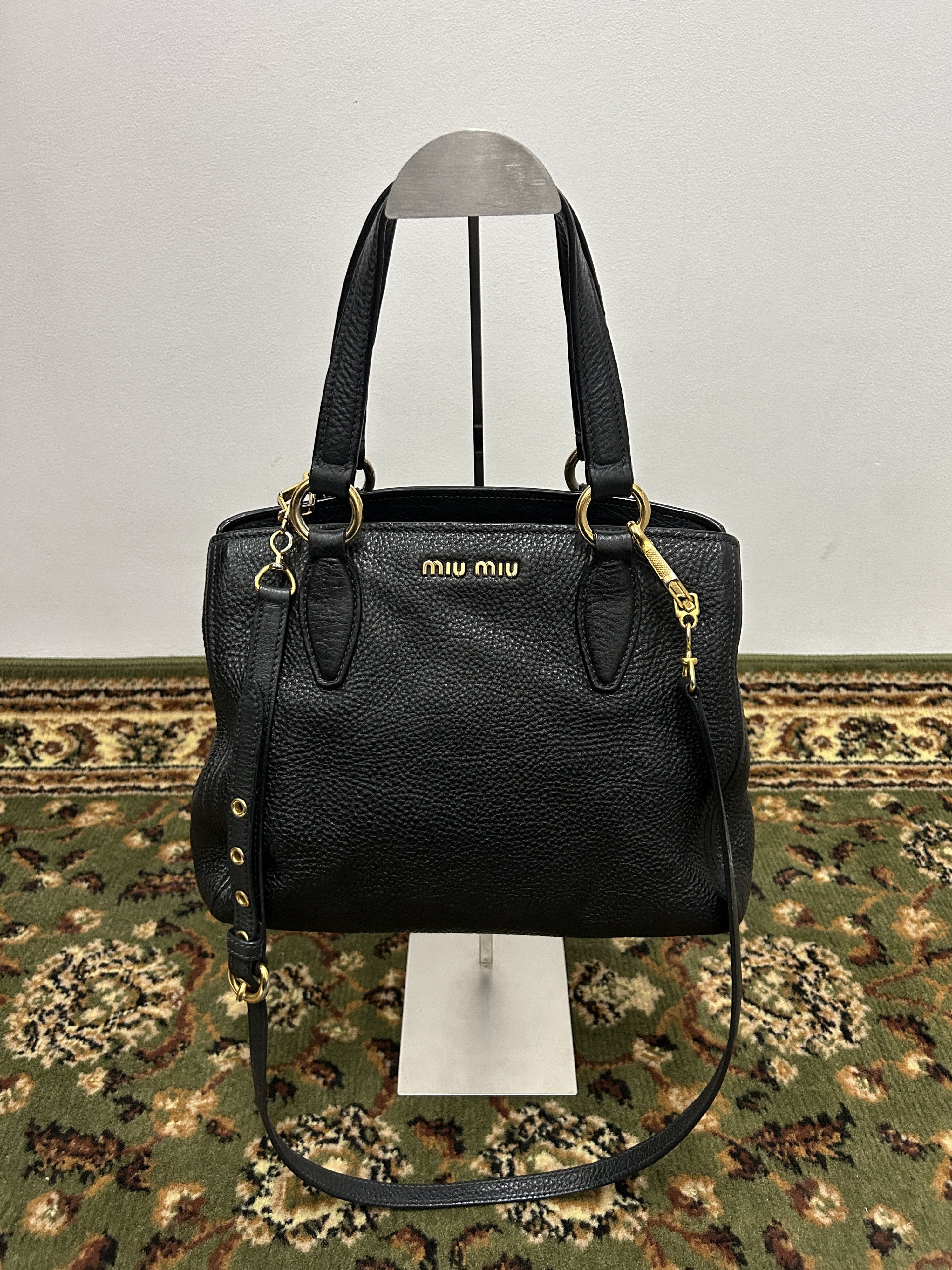 Miu Miu Vitello Caribu Leather Tote Bag in Black, Women's