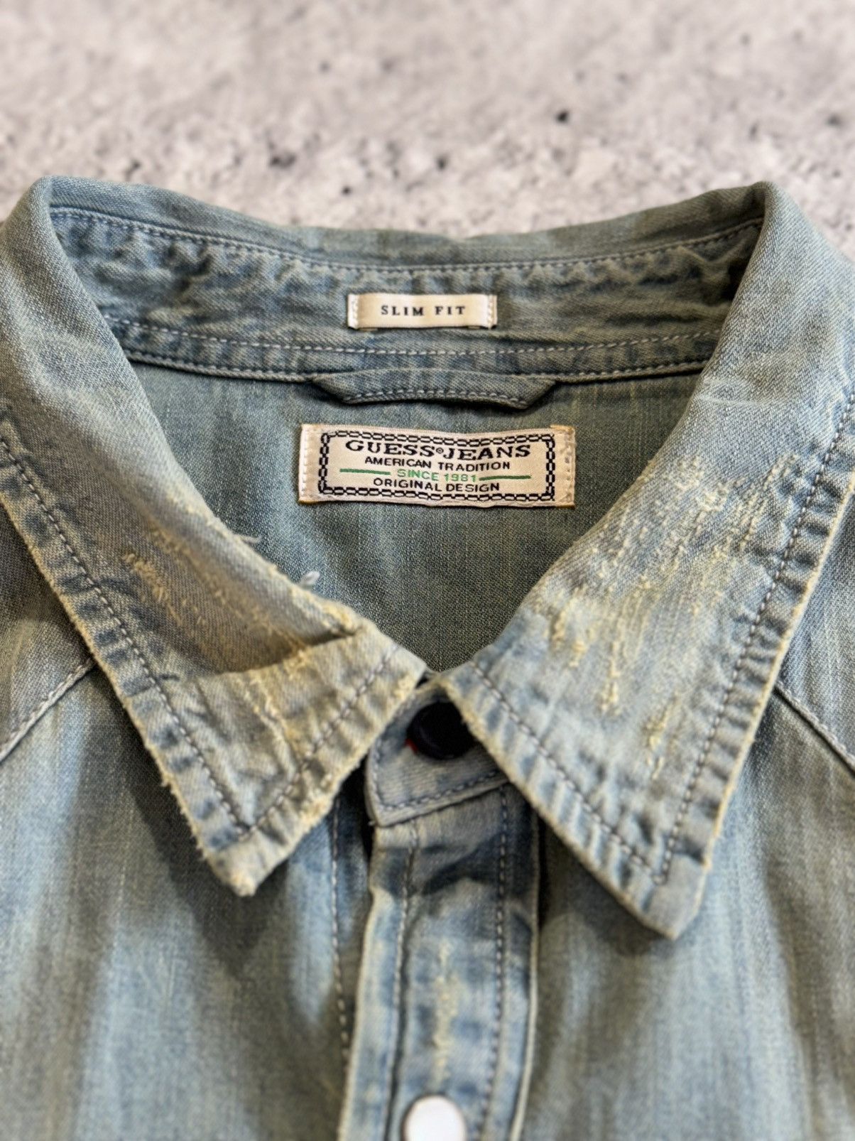 Guess × Vintage Guess denim shirt vintage 90s baby blue destroyed distressed Size US L / EU 52-54 / 3 - 6 Thumbnail