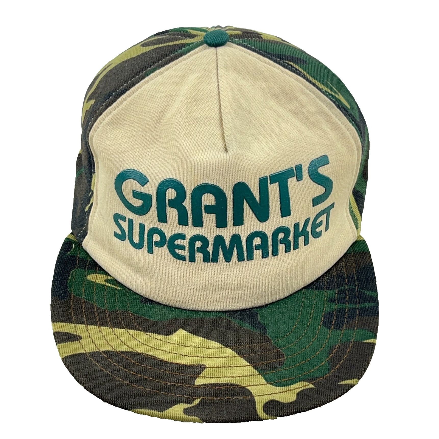 Vintage VINTAGE Grants Trucker Hat Cap Green Camo Made In USA 80s Army WV Mens One Size Adjustable Breathing Lightweight Retro Logo USA Hat Size ONE SIZE - 2 Thumbnail