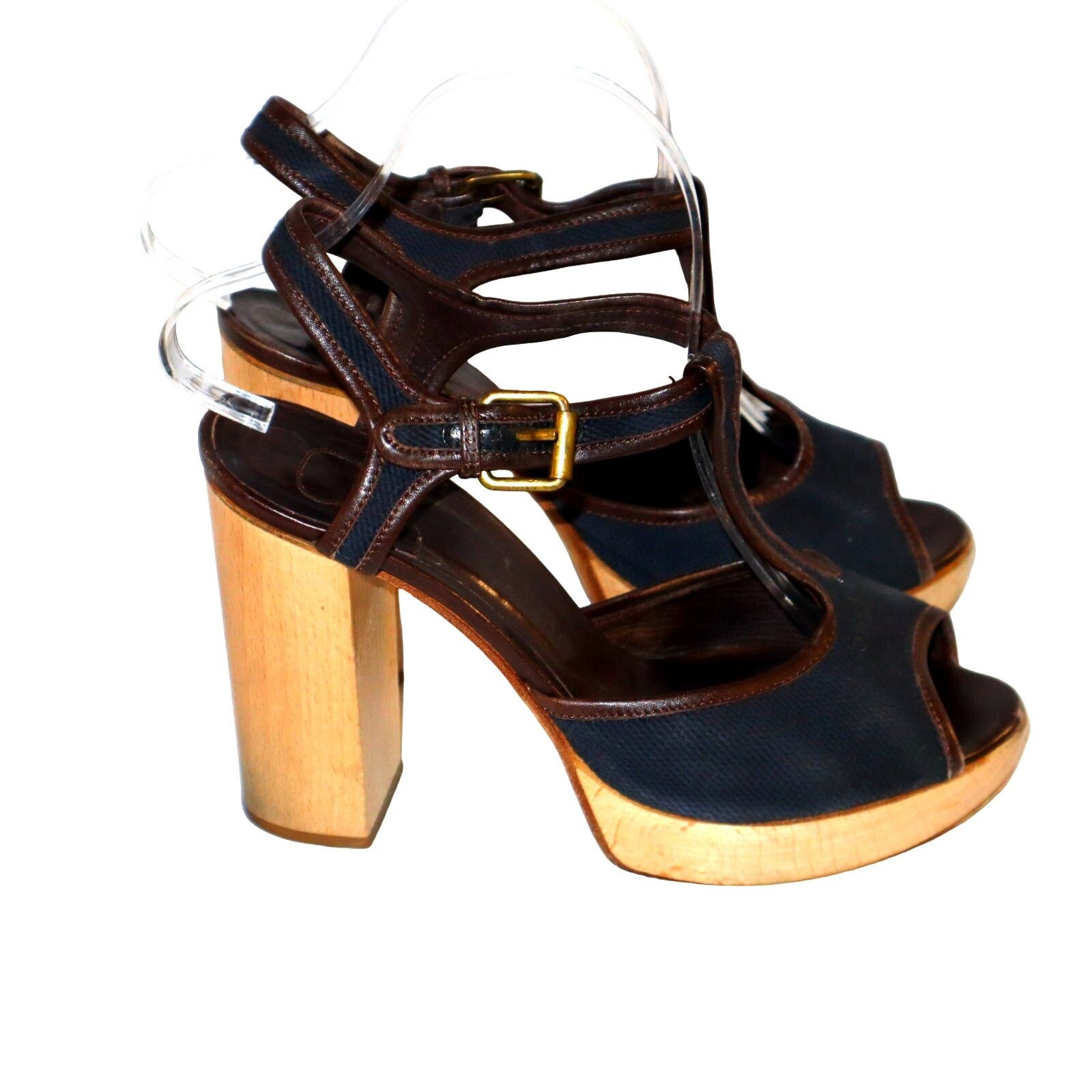 Chloe Women's Chloe Brown & Navy Strappy Block Heels Sz 39/US 9 Size US 9 / IT 39 - 3 Thumbnail