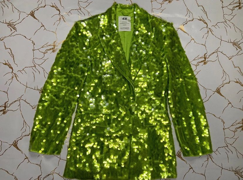 H&M H&M Studio Metaverse Design Story Green Neon Sequin Blazer Size XS / US 0-2 / IT 36-38 - 2 Thumbnail