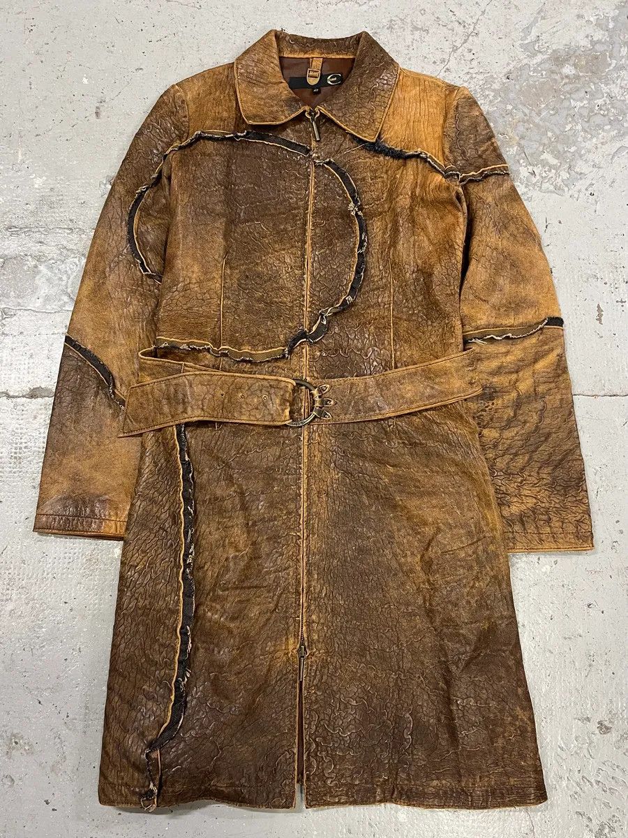 Roberto Cavalli × Vintage AW2005 Cavalli Asymmetrical Raw Brown Leather Trench Jacket Size S / US 4 / IT 40 - 1 Thumbnail