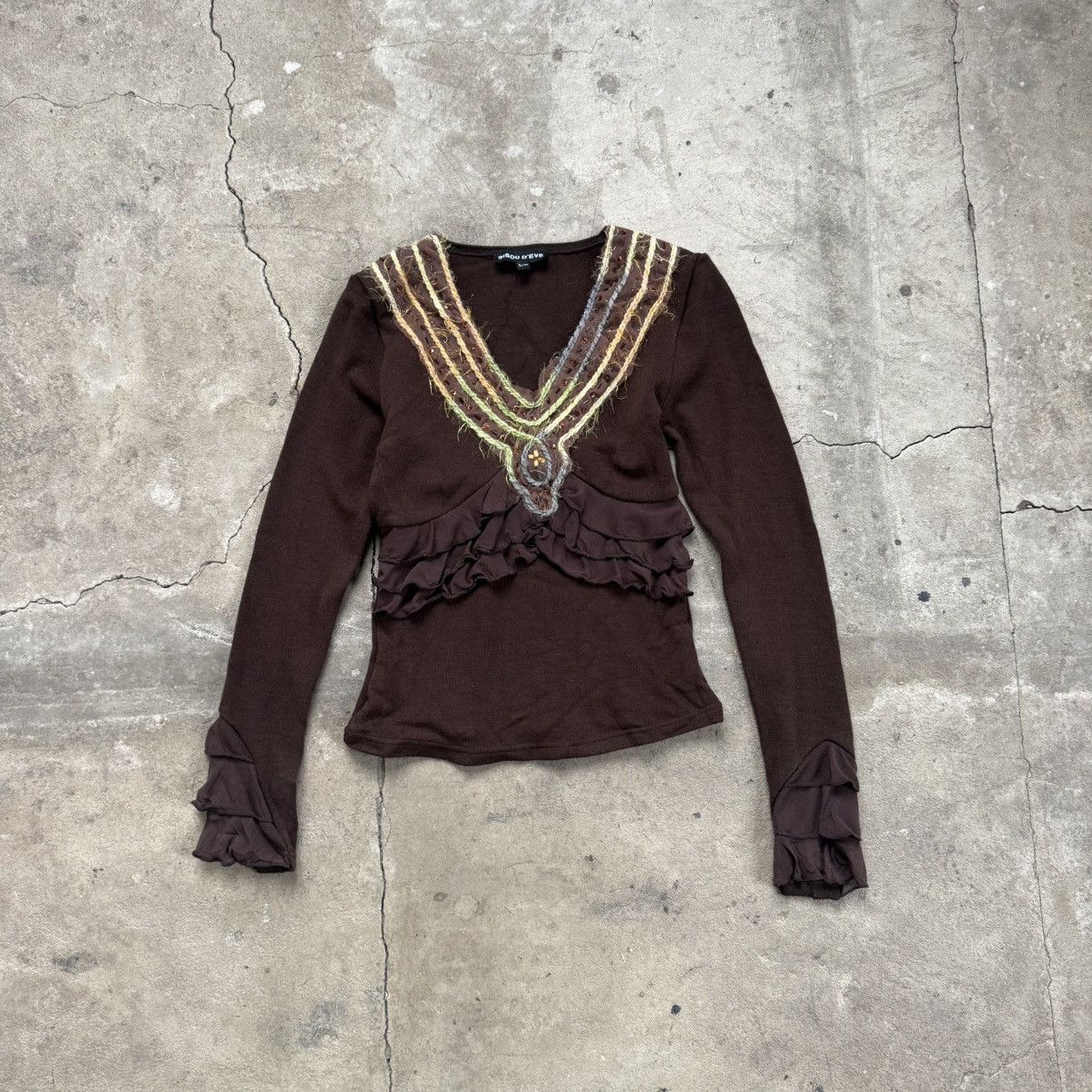 Japanese Brand Y2K Bisou D'eve Brown V-neck Paris Blouse Size S / US 4 / IT 40 - 1 Thumbnail