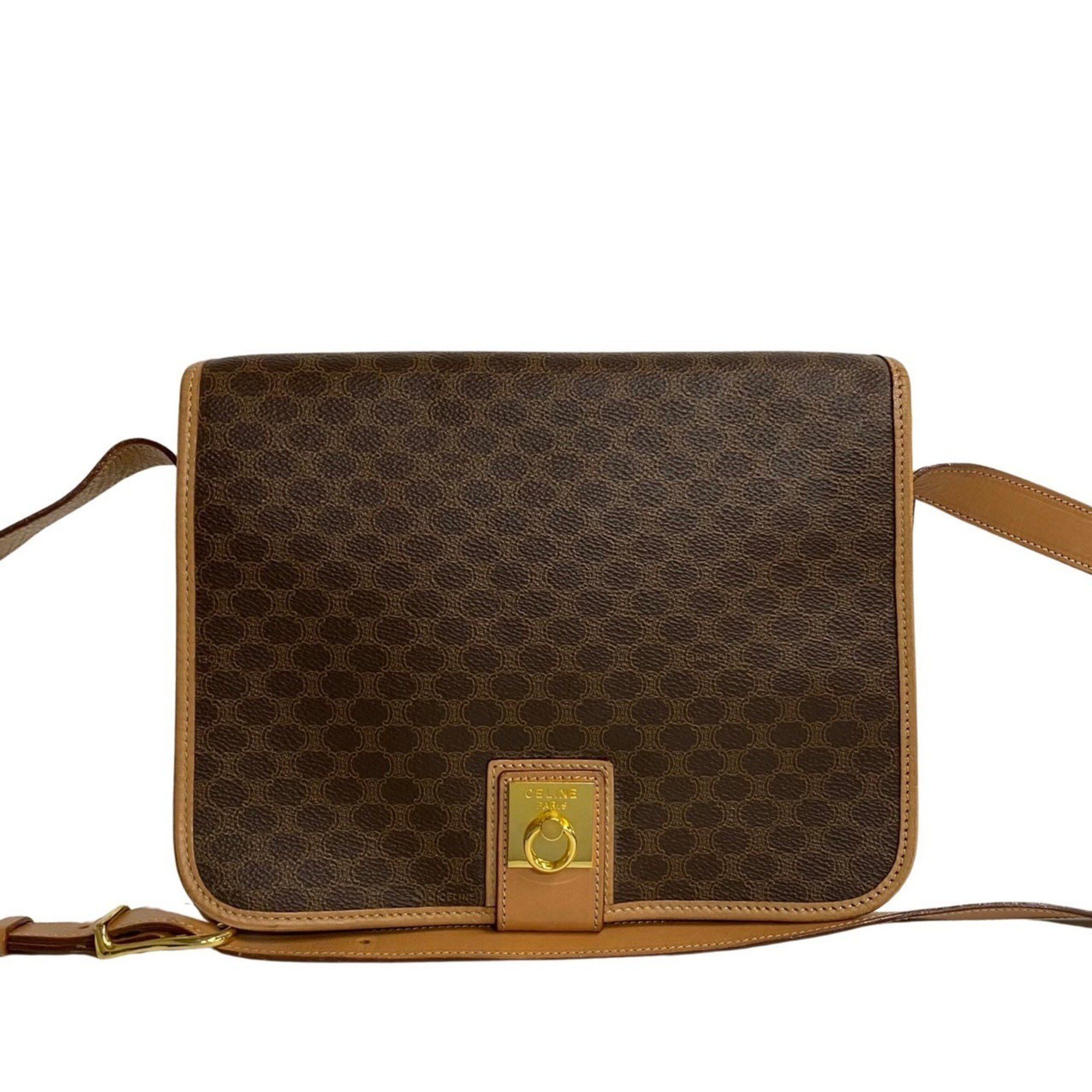 image of Celine Macadam Blason Triomphe Pattern Ring Hardware Leather Shoulder Bag Pochette Brown 743-4, Wom
