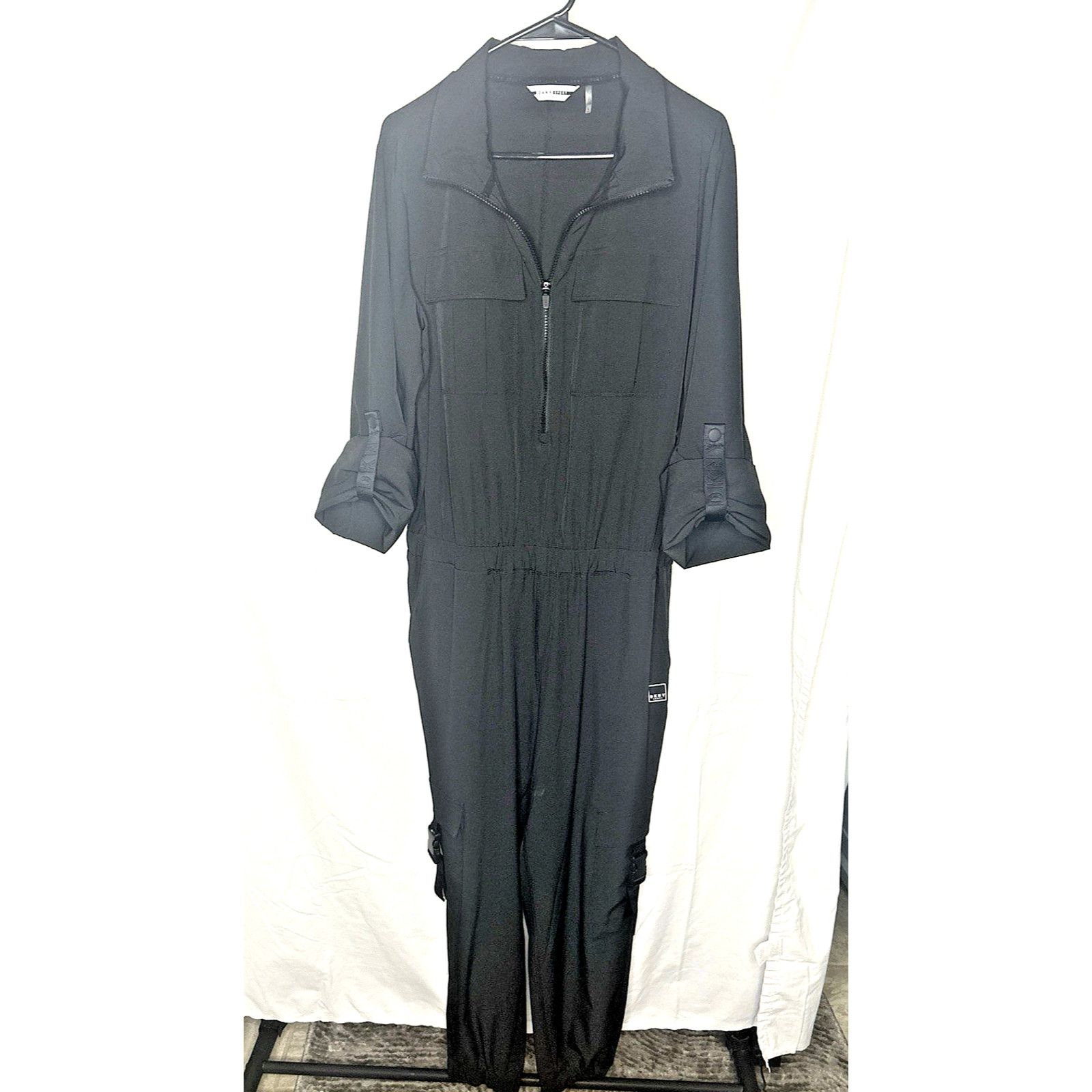 DKNY DKNY Black Utility Cargo Jumpsuit Womans L Tab Sleeve Travel Size 29" - 3 Thumbnail
