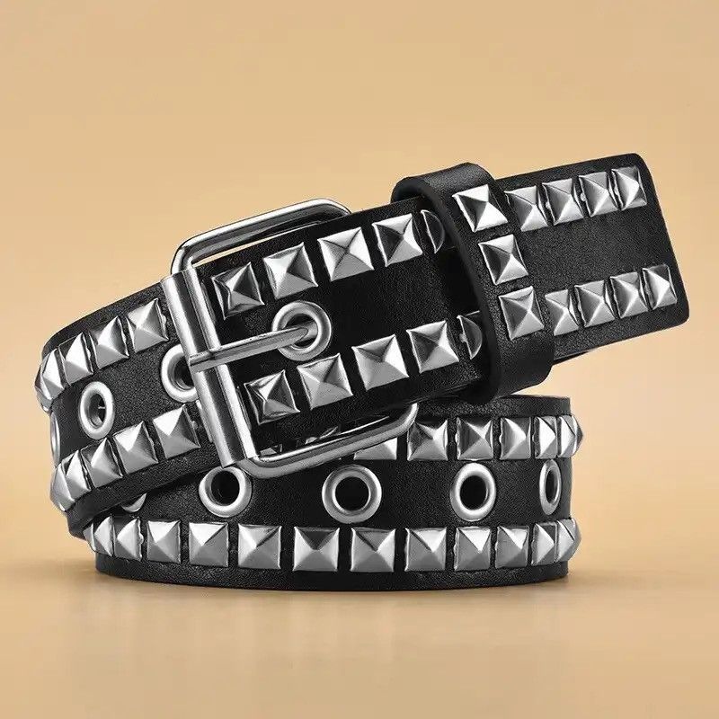 image of Square Bead Rivet Pu Leather Belt in Black/White, Men's