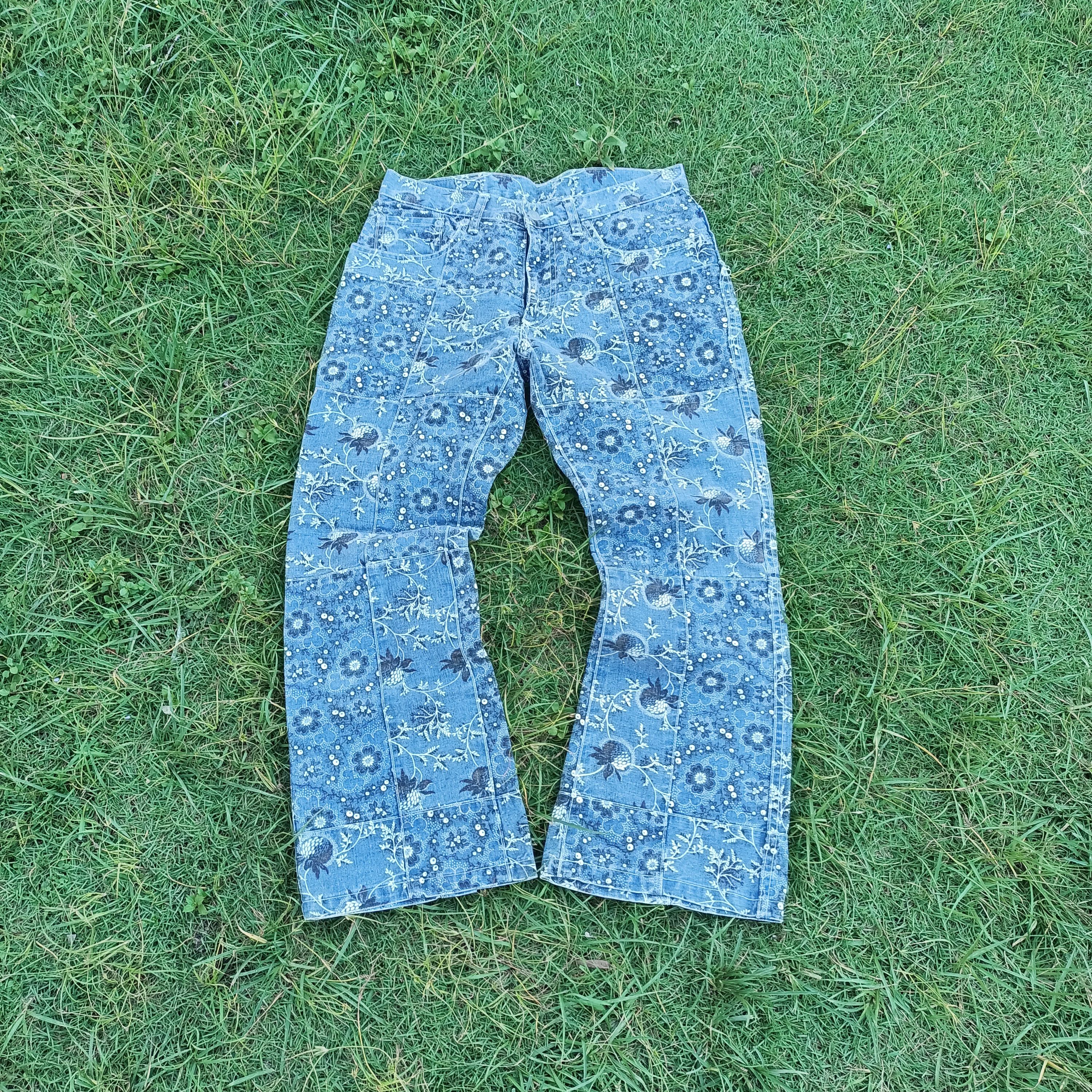 image of Hysteric Glamour Kinky Floral Patchwork Flared Pants in Blue, Men's (Size 28)