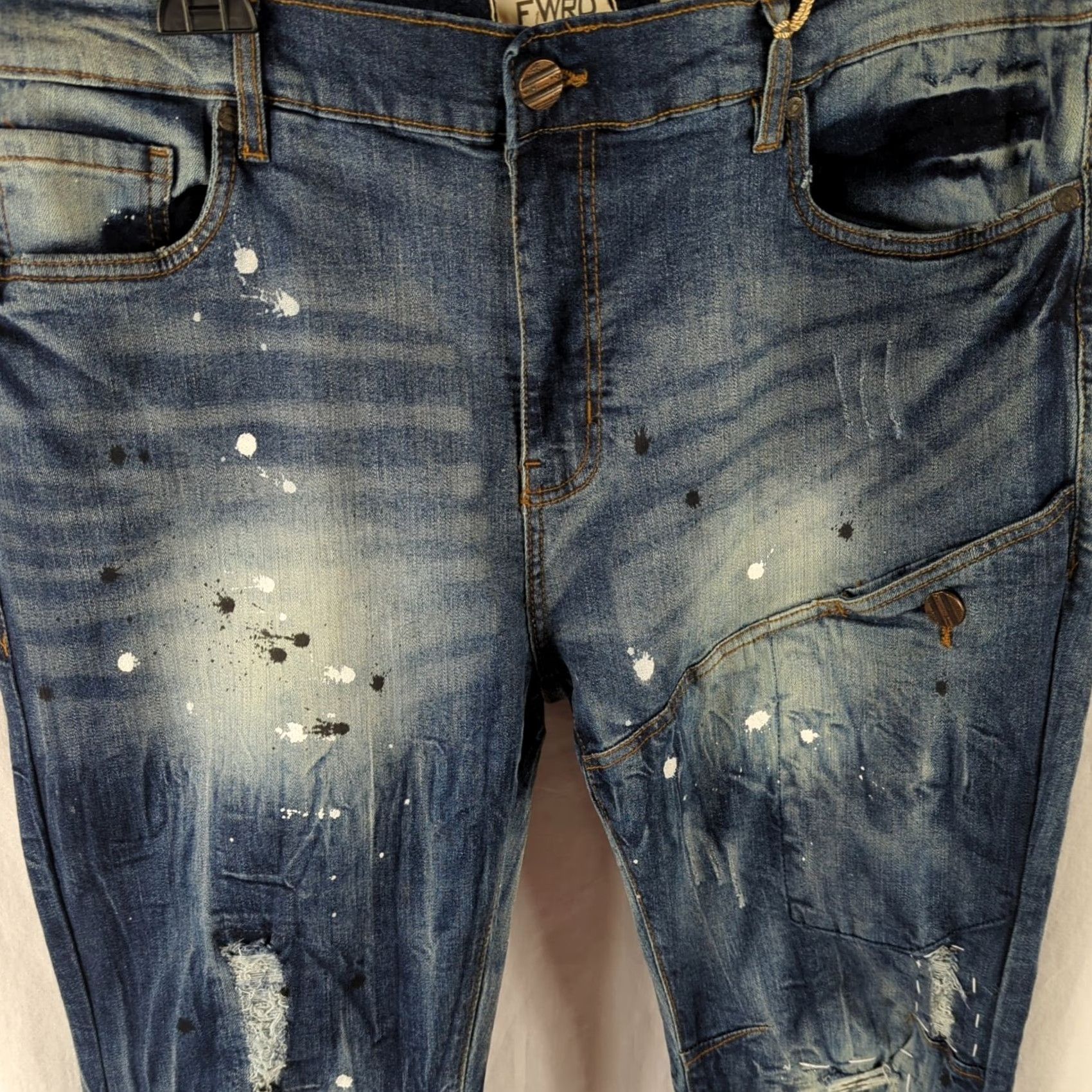 Denime FWRD Denim Jeans Distressed Paint Splattered Regular Fit Men 40X34 Denim Blue Medium Cotton Blend Waist 40 Inseam 34" Tapered Size US 40 / EU 56 - 2 Thumbnail