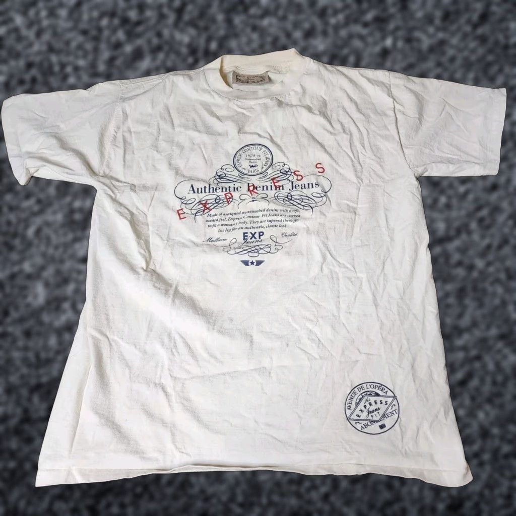 Express VINTAGE Express Jeans Shirt Mens XL Beige ShortSleeve Crew Neck Made In US Single Stitch 90s? Size US XL / EU 56 / 4 - 1 Thumbnail