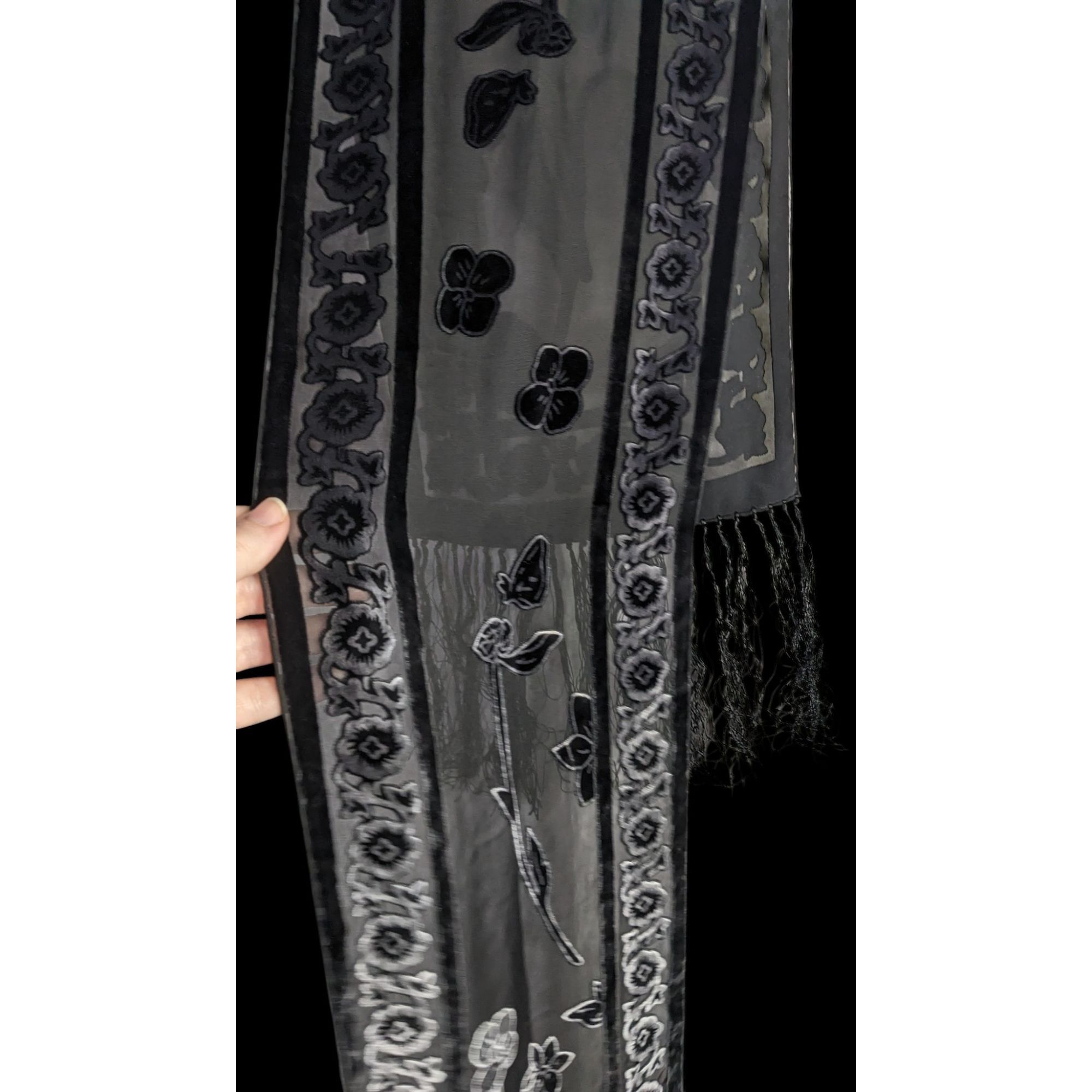 Other Vintage Gothic Burnt Velvet Floral Scarf With 7-Inch Fringe Size ONE SIZE - 4 Thumbnail