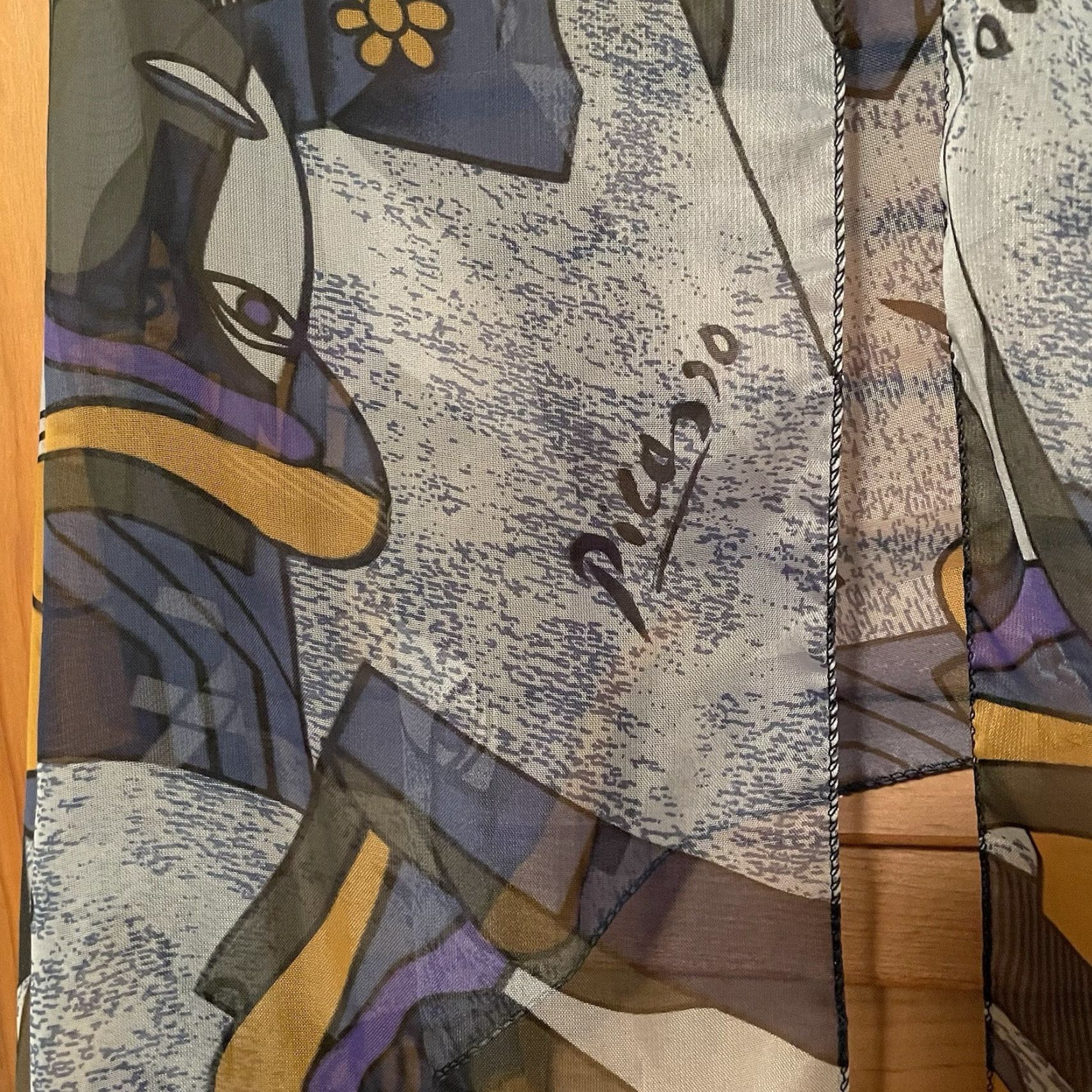 Vintage Picasso Print Scarf Geometric Faces 62in Blue Gold Purple Women Vintage Semi-Sheer Polyester Scarf Size ONE SIZE - 2 Thumbnail