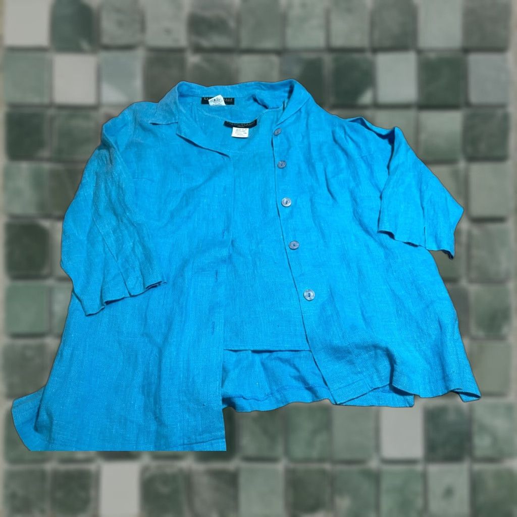Vintage HARVE BERNARD Jacket with Blouse Womens 16W Blue 100% Linen Shacket Jacket Blue 16W Womens Size XXL / US 16-18 / IT 52-54 - 1 Thumbnail