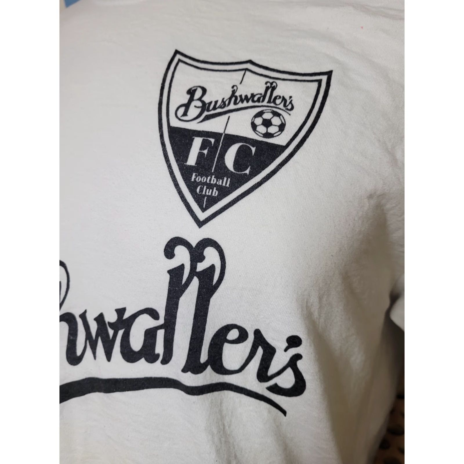 Jerzees VTG Bushwaller's FC Soccer Jersey T Shirt L Men's White Jerzees 100% Polyester Crew Neck Short Sleeve Fields Bar Sports 90s Size US L / EU 52-54 / 3 - 2 Thumbnail