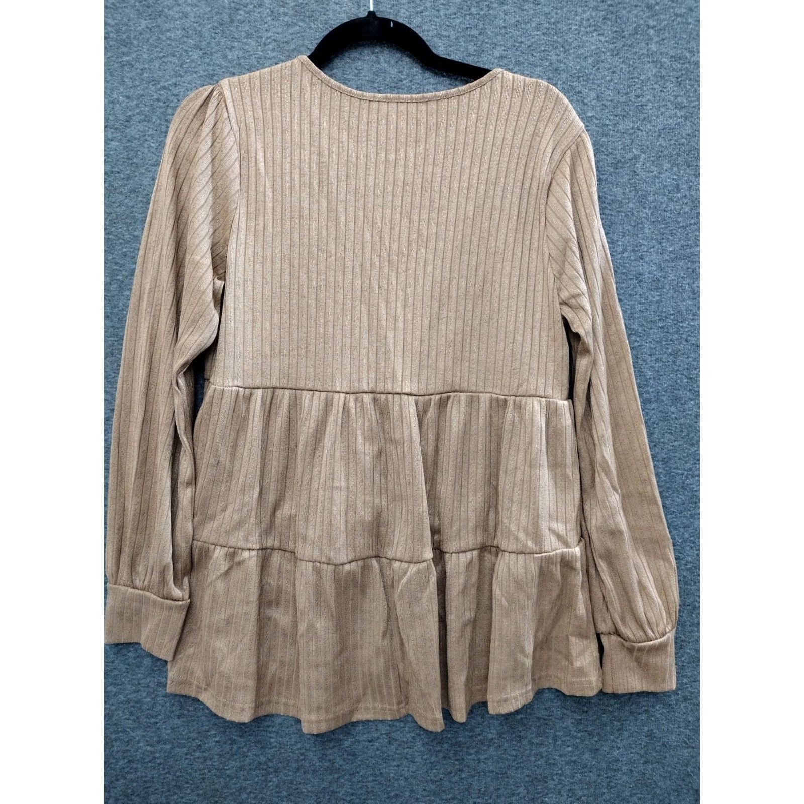 Vintage Unbranded Casual Long Sleeve Tunic Shirt Womens M Brown Ruffle Knit Polyester Spandex Rayon All Seasons Summer Bohemian Angel Pattern 90s Theme Size M / US 6-8 / IT 42-44 - 2 Thumbnail