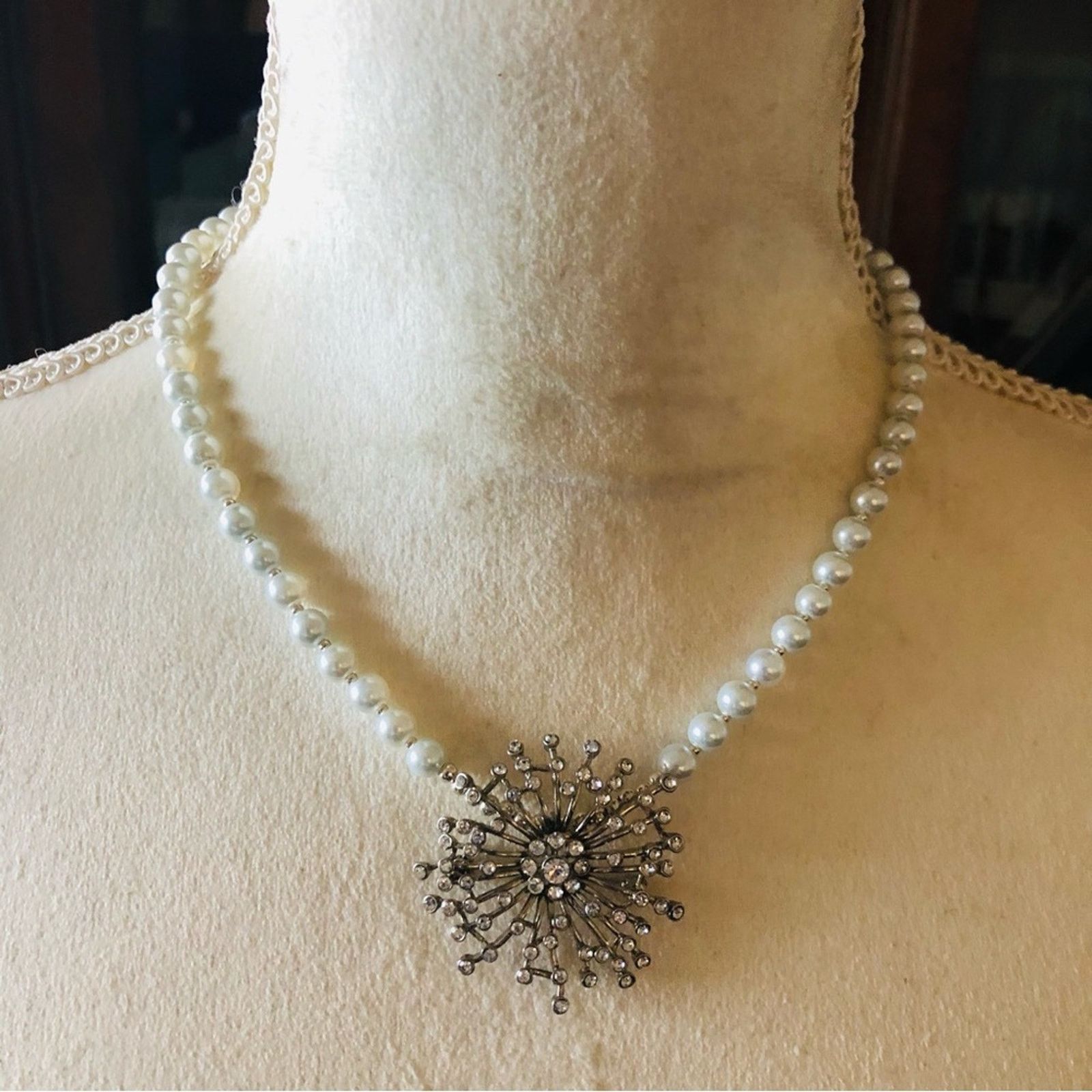 Handmade Handcrafted repurpose rhinestone cluster Pearl necklace Size ONE SIZE - 2 Thumbnail