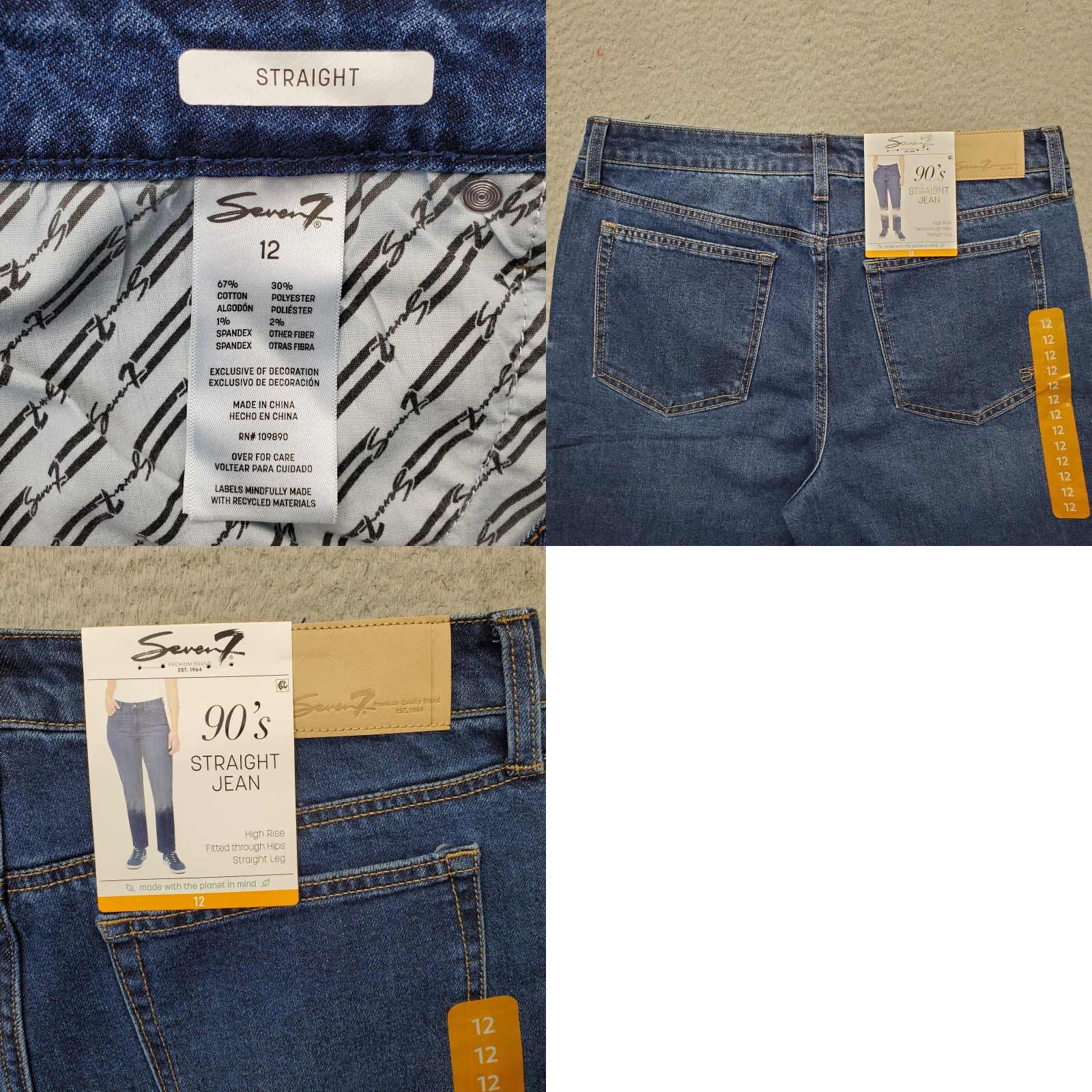 Vintage Seven7 Straight Leg Jeans Women 12 Blue Denim High Rise Through Hips 5-Pocket Design Regular Waist 28.25 Inseam NYT Size 34" / US 12 / IT 48 - 8 Thumbnail