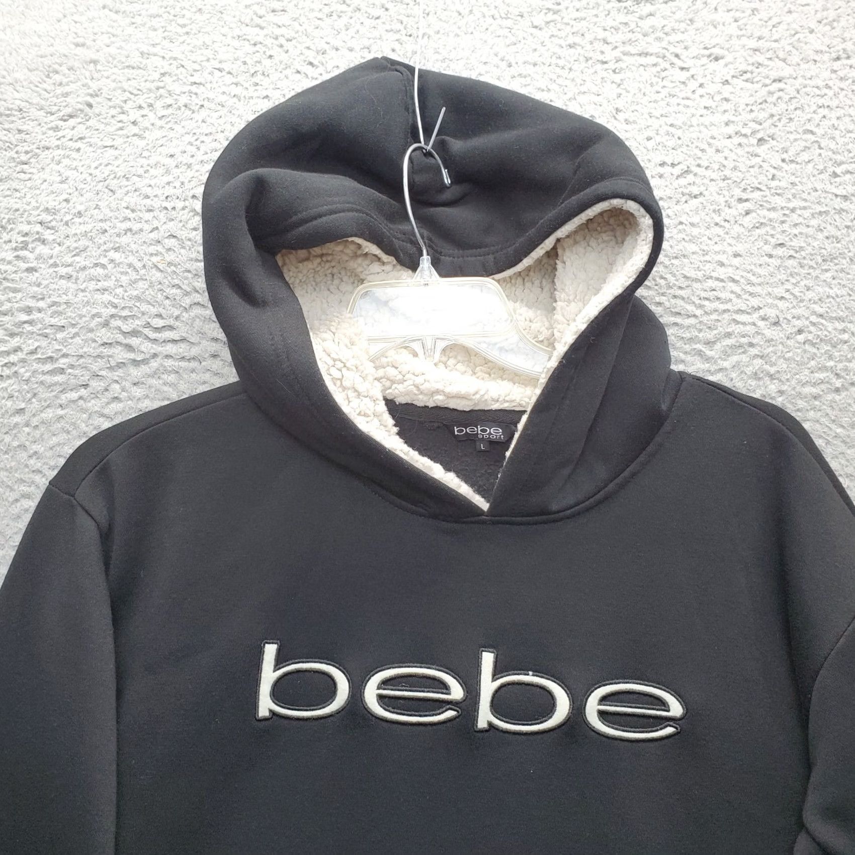 Bebe Bebe Womens Hoodie Size L Black Fleece Lined Sherpa Hood Kangaroo Pockets Pullover Size L / US 10 / IT 46 - 8 Thumbnail