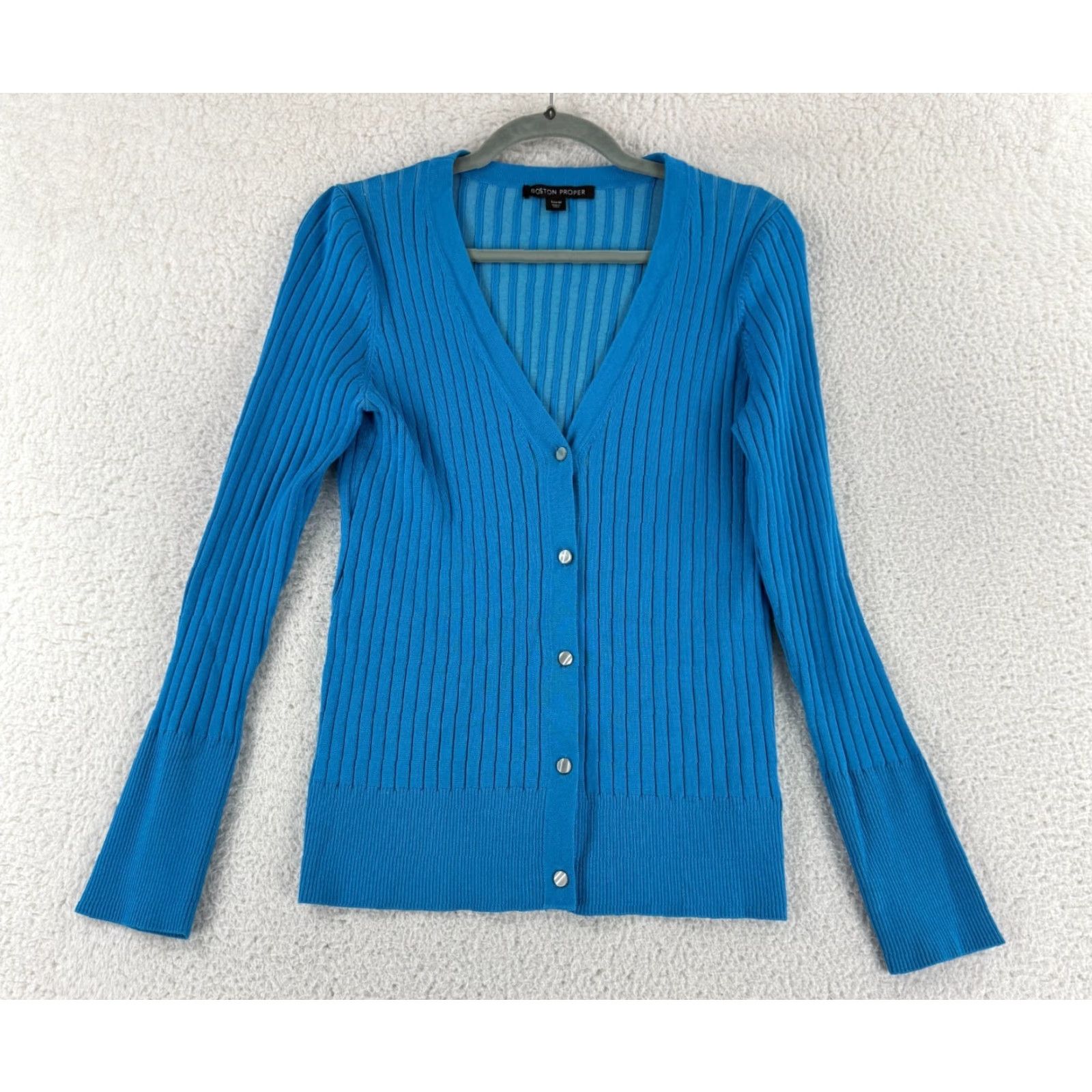 Boston Proper Boston Proper Cardigan Womens Medium Blue Ribbed Button-Up V-Neck Stretch LS Size M / US 6-8 / IT 42-44 - 2 Thumbnail