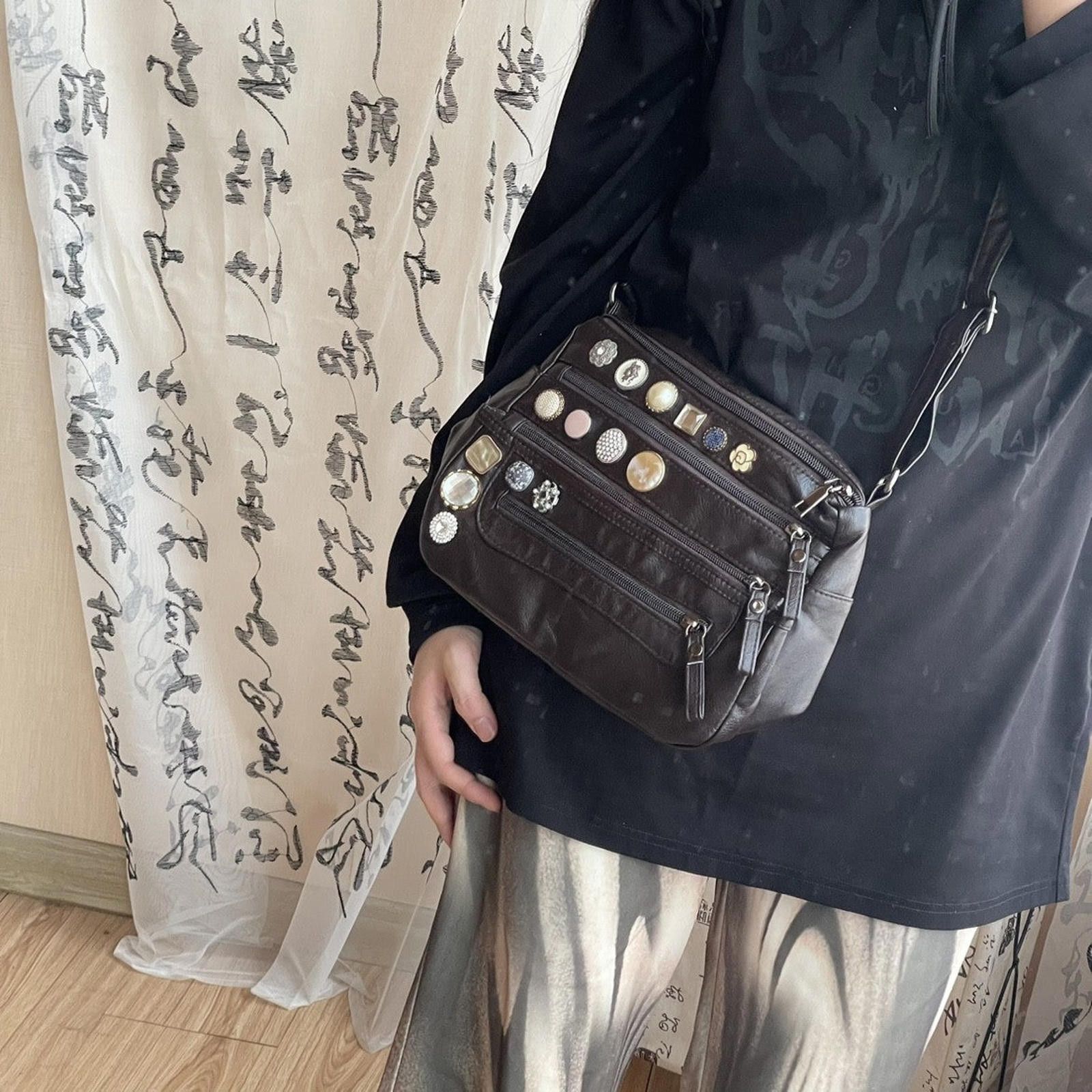 Other Lightweight Washed Leather Crossbody Bag – Button Detail Size ONE SIZE - 3 Thumbnail