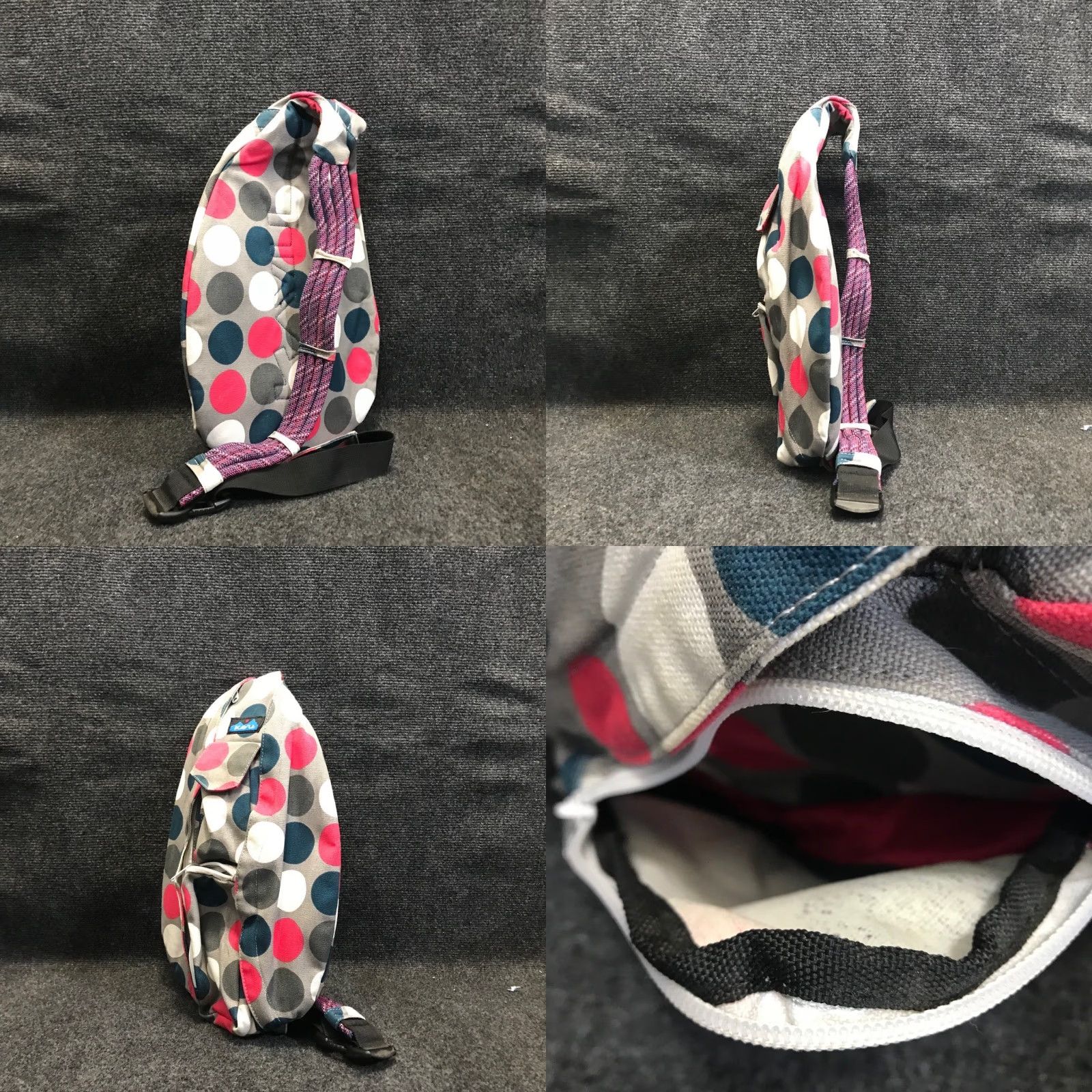KAVU Rope Sling Bag Grey Polka Dot Adjustable Strap 