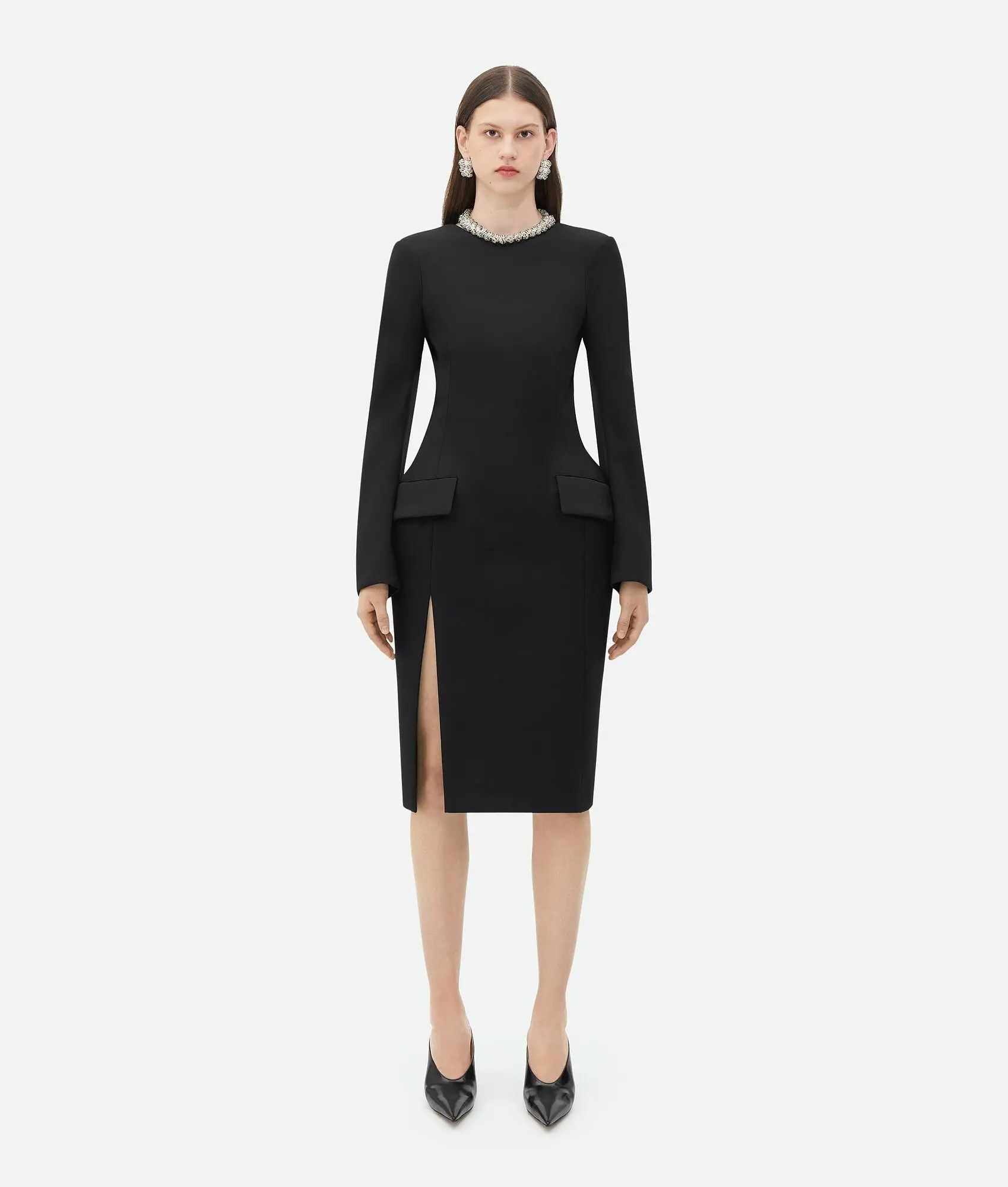 Bottega Veneta o1n1vont1225 Curved Sleeves Light Wool Midi Dress in Black Size S / US 4 / IT 40 - 1 Thumbnail