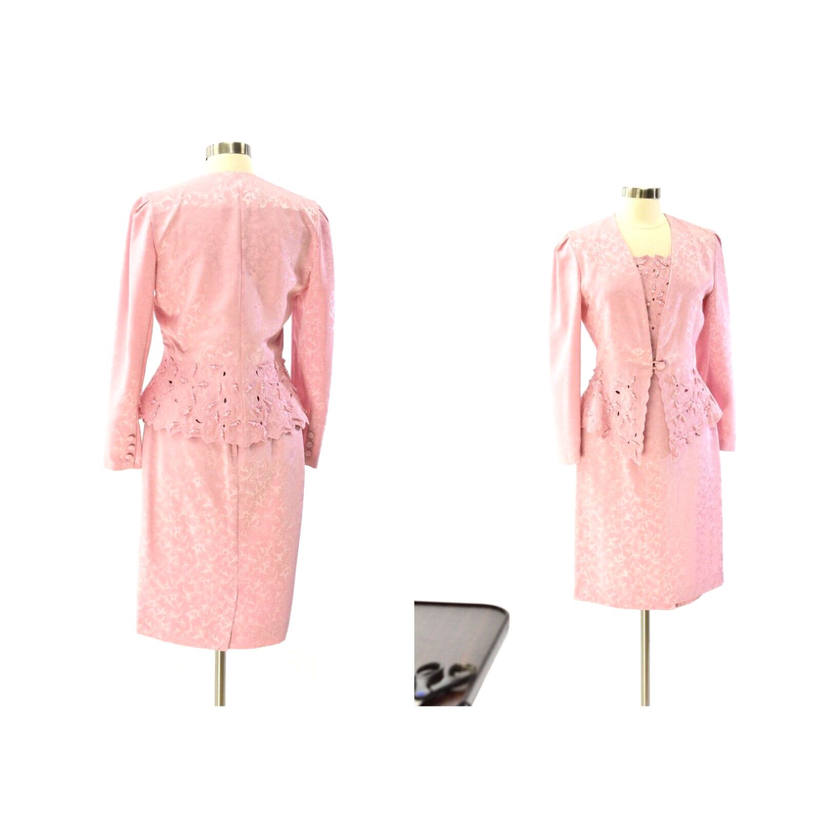 image of Vintage 80's Textured Embroidered Beaded Pink Skirt Suit Womens 8 In The Mood in White