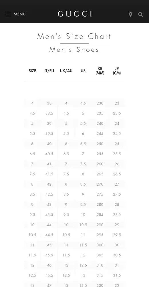 Gucci shoe conversion chart best sale