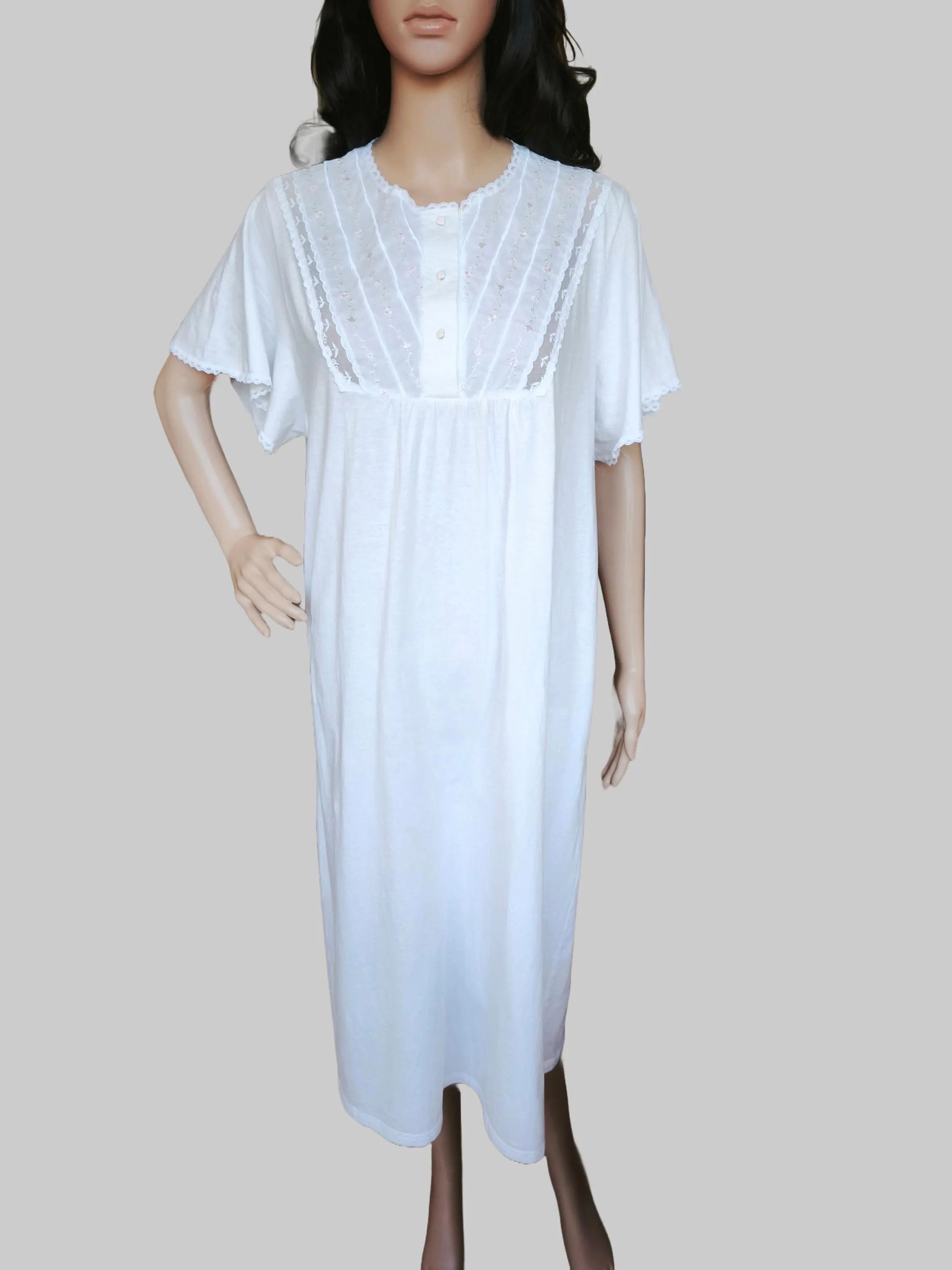 C&A White Cotton Embroidered Short Sleeve Button Up Nightgown Size L / US 10 / IT 46 - 4 Thumbnail