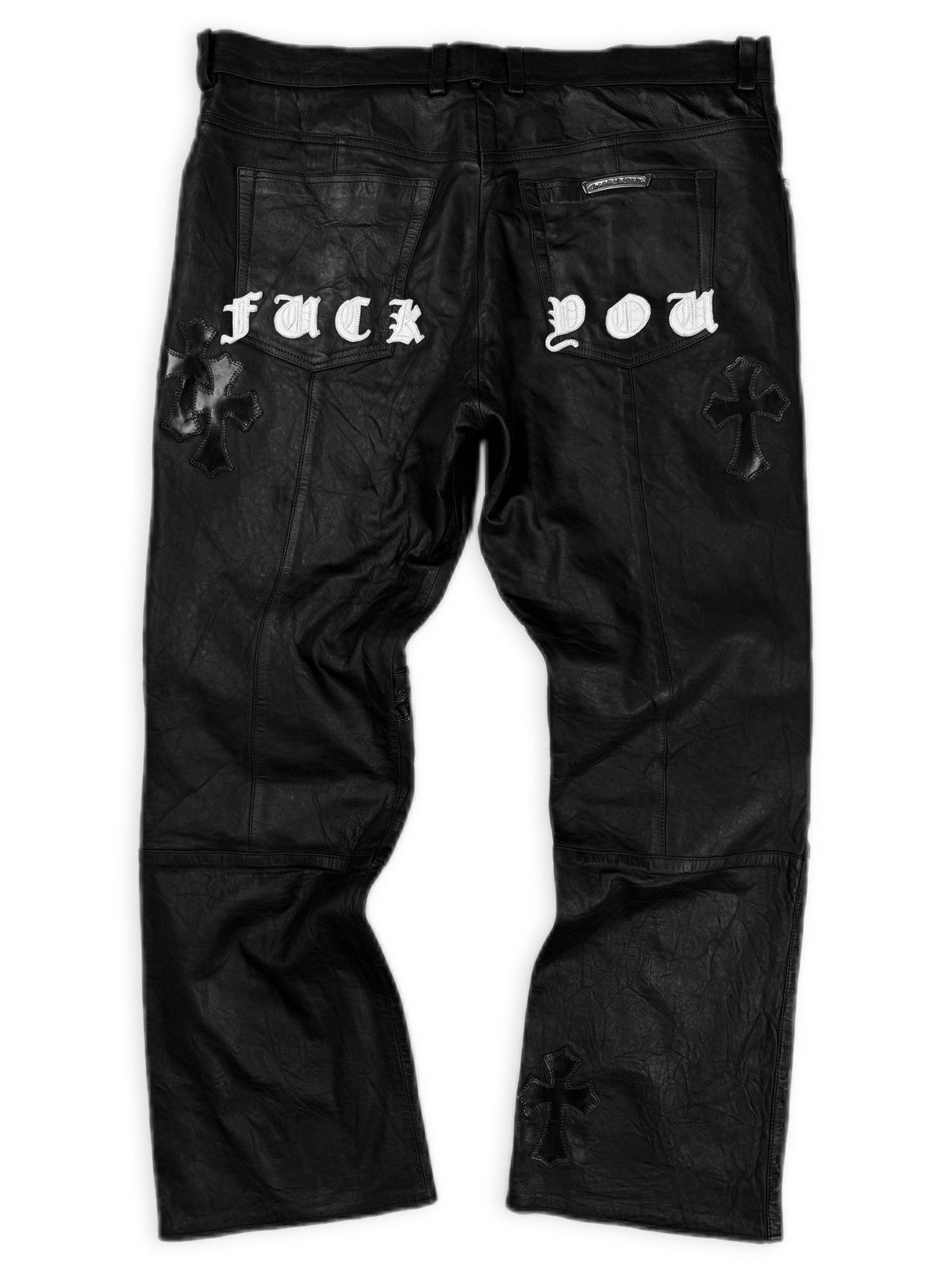 Chrome Hearts ‘Fuck You’ 20 Cross Patch Flooded JVP Lambskin Leather Pants