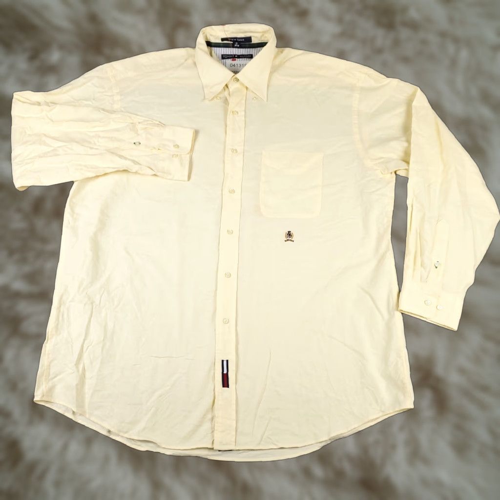 Tommy Hilfiger Tommy Hilfiger Dress Shirt Men's 17 Ivory Button-Up Long Sleeve Solid Classic Preppy Size 46R - 1 Thumbnail