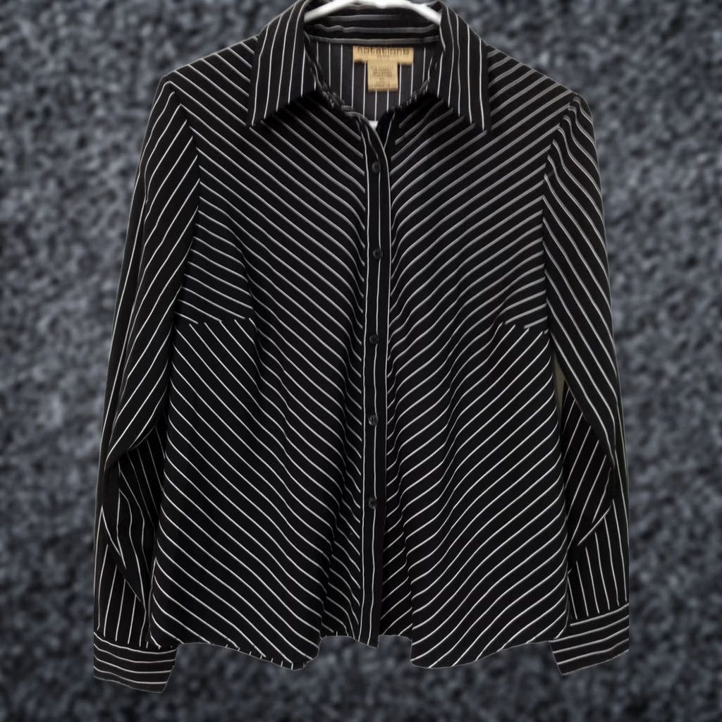 Vintage Notations Petite Women Button Down Striped Shirt Black White Long Sleeve PL Size L / US 10 / IT 46 - 1 Thumbnail