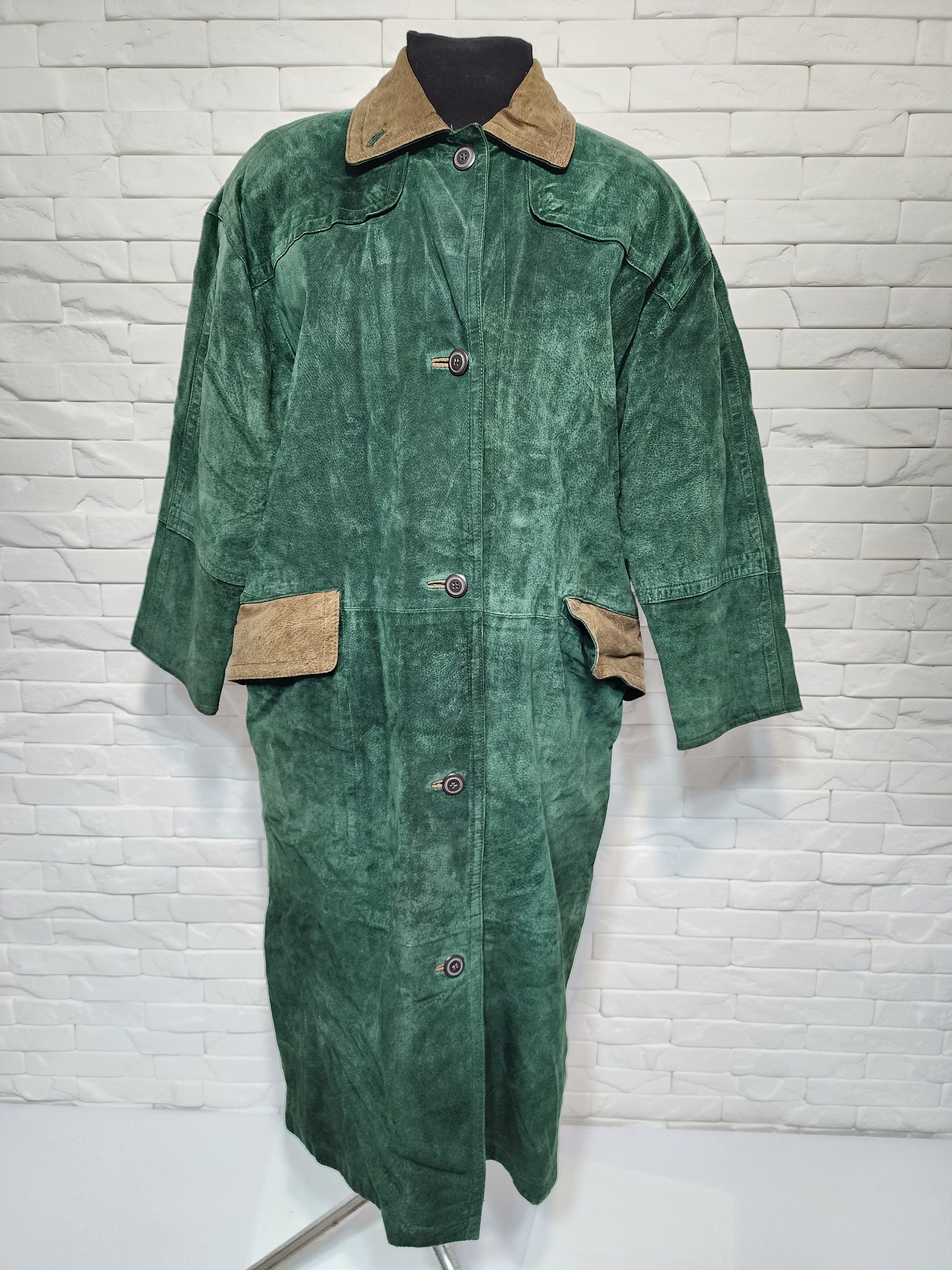 Genuine Leather Green Leather Jacket: Womrn's Button Long Coat Size XL / US 12-14 / IT 48-50 - 1 Thumbnail