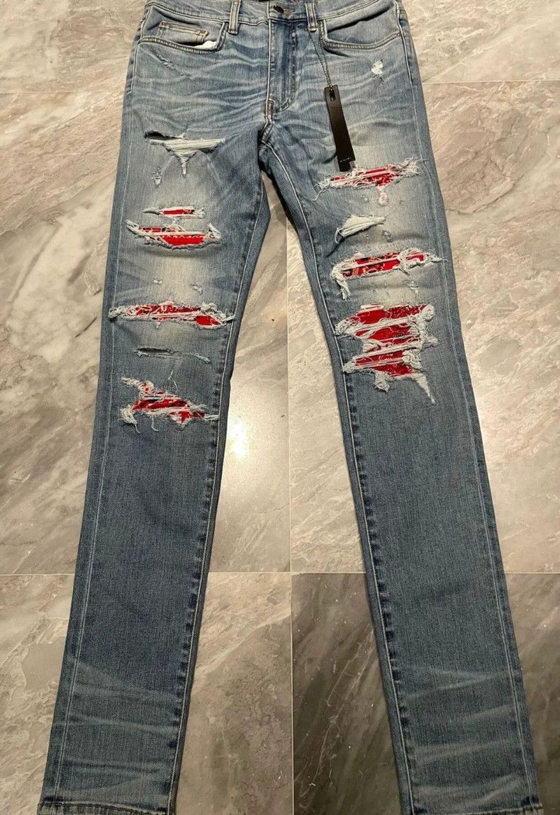 Amiri Amiri red cashew flower colorful patchwork blue jeans Size US 31 - 1 Thumbnail