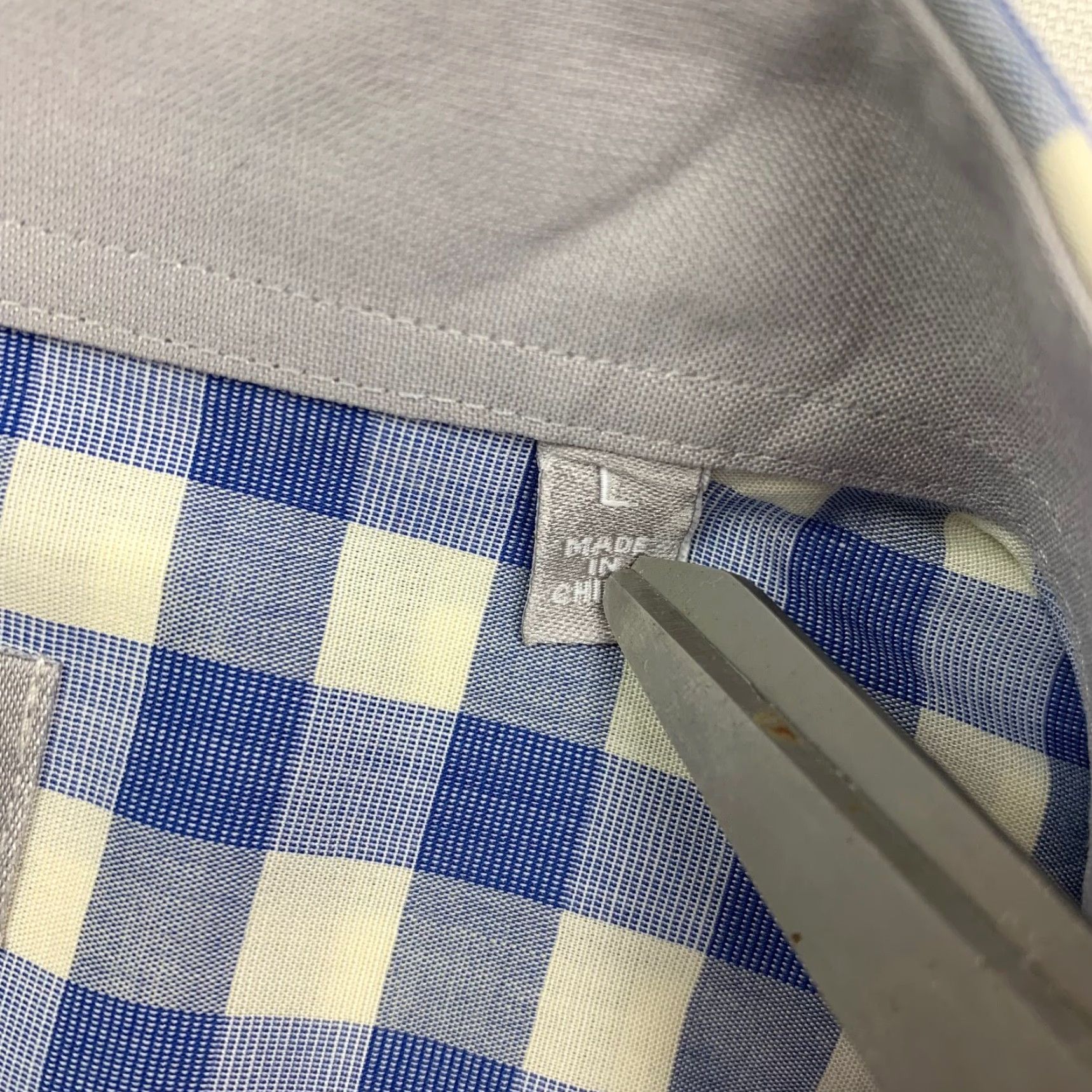 Hickey Freeman Cotton Stretch Button Shirt Blue White Gingham Check Long Sleeve Large Mens