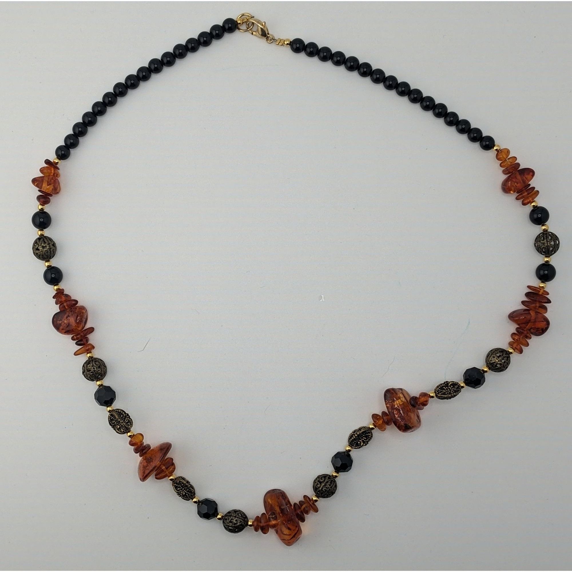 Other Vintage Amber And Onyx Beaded Necklace With Gold Tone And Bl Size ONE SIZE - 4 Thumbnail