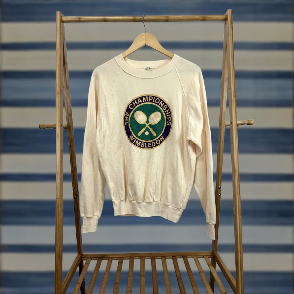 Logo 7 VINTAGE 80s Wimbledon The Championships Tennis Crest Logo Raglan Sweatshirt XL Biege Mens Size US XL / EU 56 / 4 - 1 Thumbnail