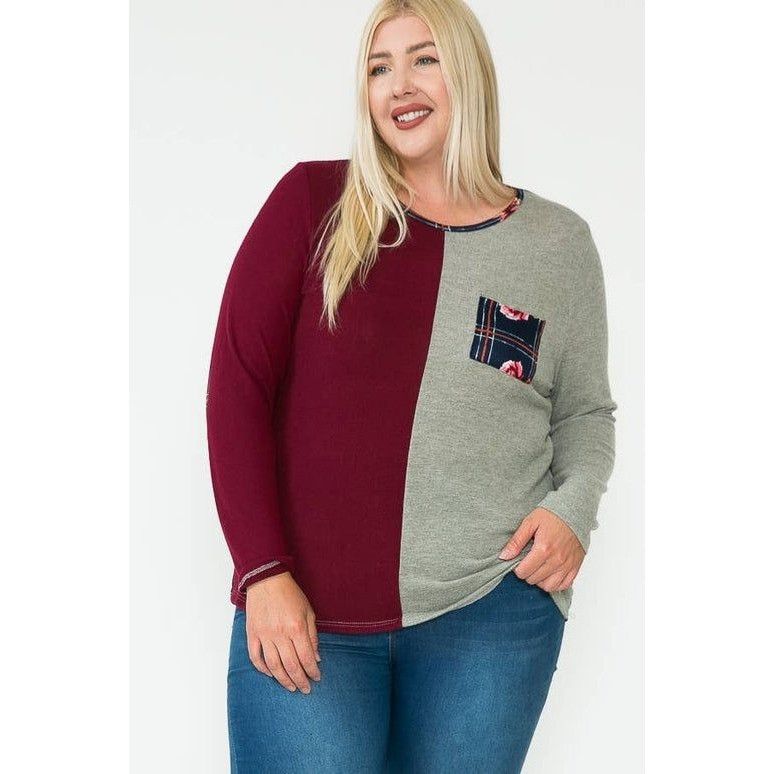 Other Color Block Long Sleeve T-Shirt With Floral Pocket 1X Size XL / US 12-14 / IT 48-50 - 1 Thumbnail