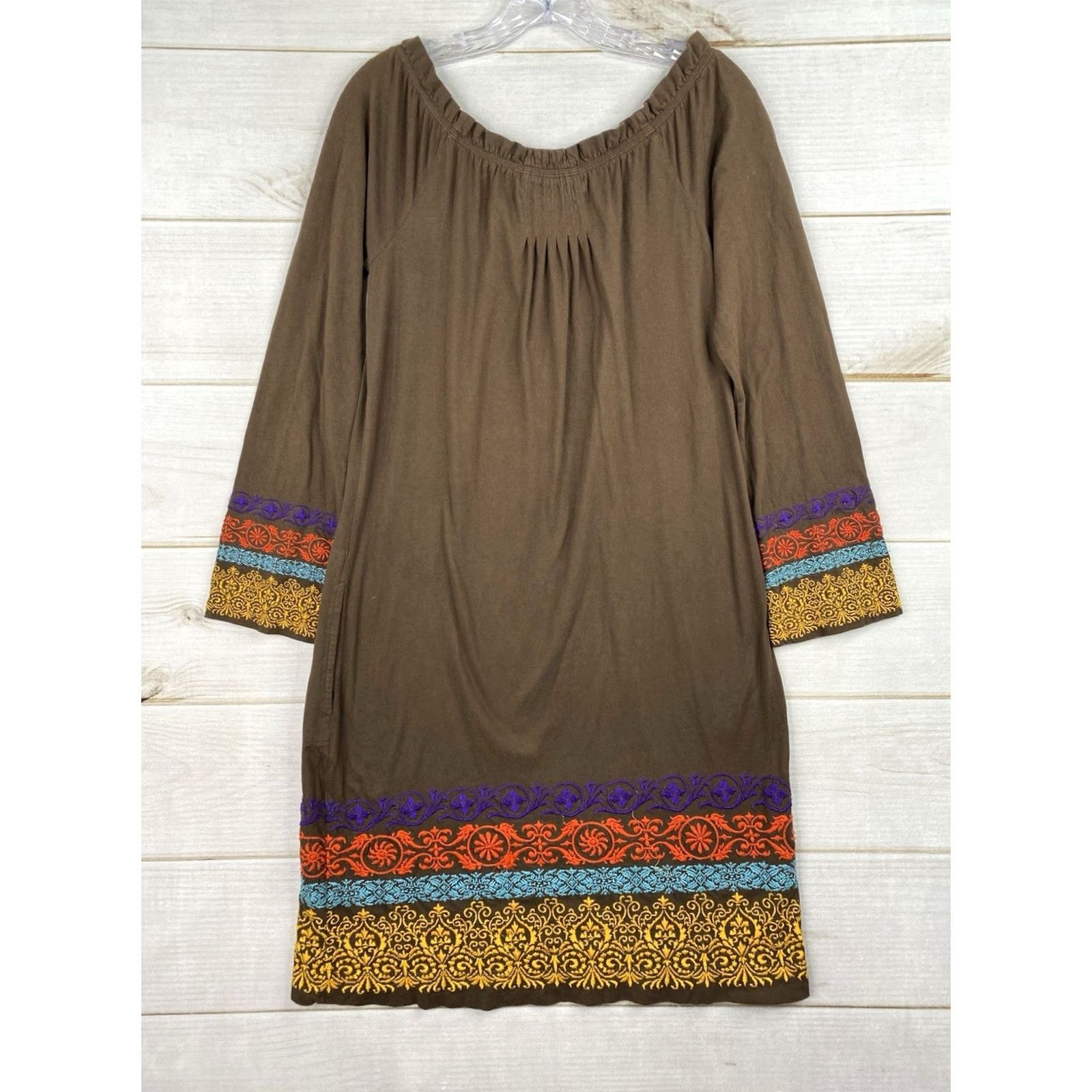 Johnny Was Johnny Was Dress Womens S Brown Cotton Floral Boho Embroidered Off Shoulder Shirt Dress Size S / US 4 / IT 40 - 7 Thumbnail