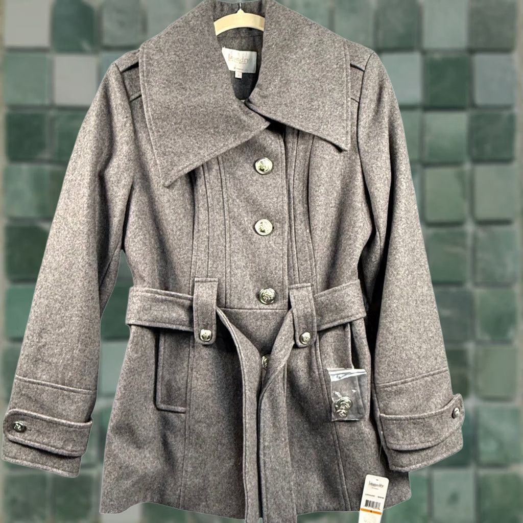 Laundry by Shelli Segal Laundry by Shelli Segal S Grey Wool Blend Belted Peacoat Jacket Silver Buttons Size S / US 4 / IT 40 - 1 Thumbnail